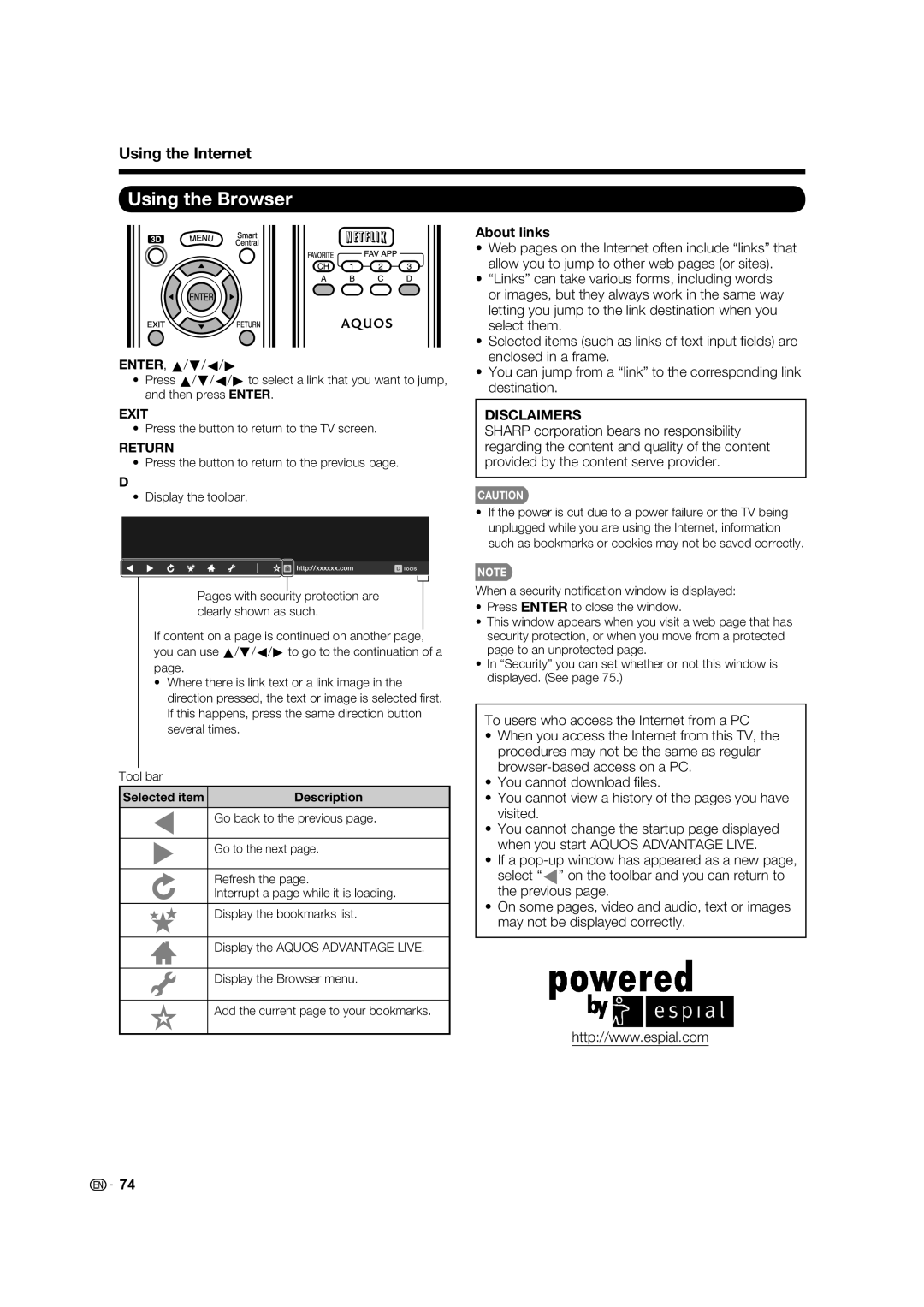 Sharp LC-70C7450U, LC-70C8470U Using the Browser, About links, ENTER, a/b/c/d, Press the button to return to the TV screen 