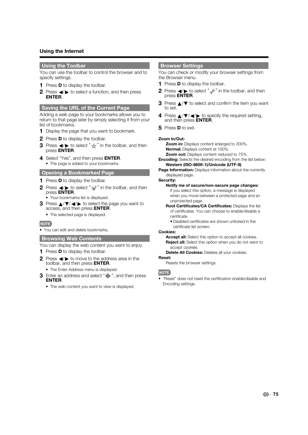 Sharp LC-70C8470U, LC-70C7450U Using the Toolbar, Saving the URL of the Current, Opening a Bookmarked Browser Settings 