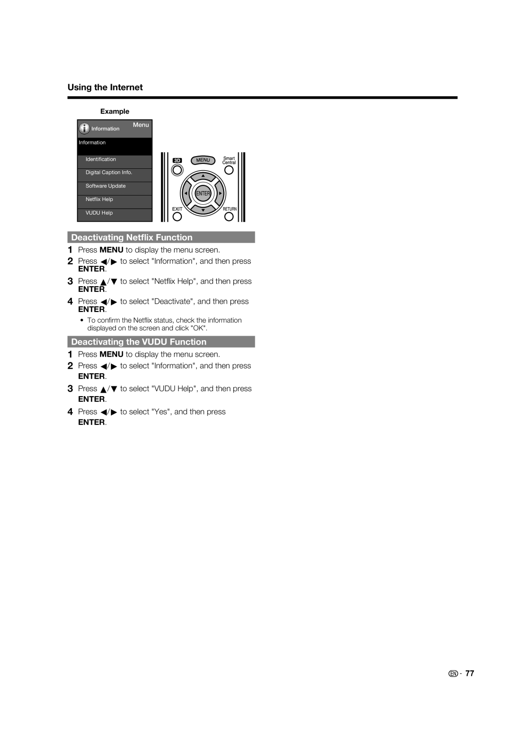 Sharp LC-60C8470U, LC-70C7450U, LC-70C8470U, LC-60C7450U Deactivating Netﬂix Function, Deactivating the Vudu Function 