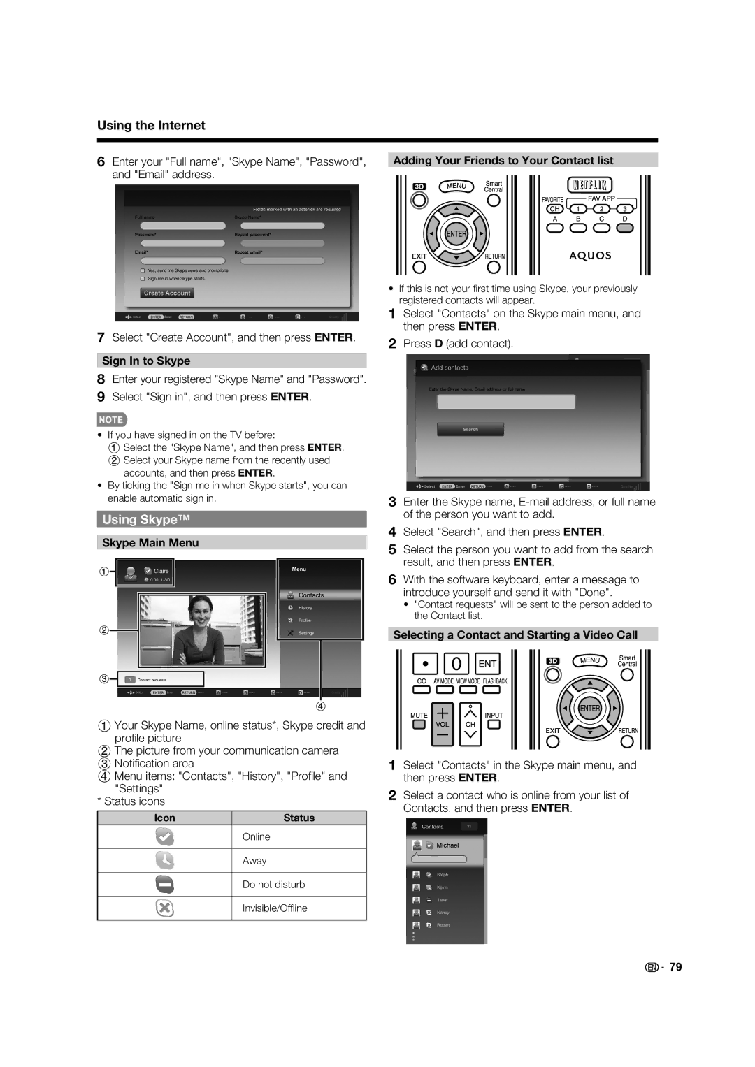 Sharp LC-70C8470U, LC-70C7450U Using Skype, Adding Your Friends to Your Contact list, Sign In to Skype, Skype Main Menu 