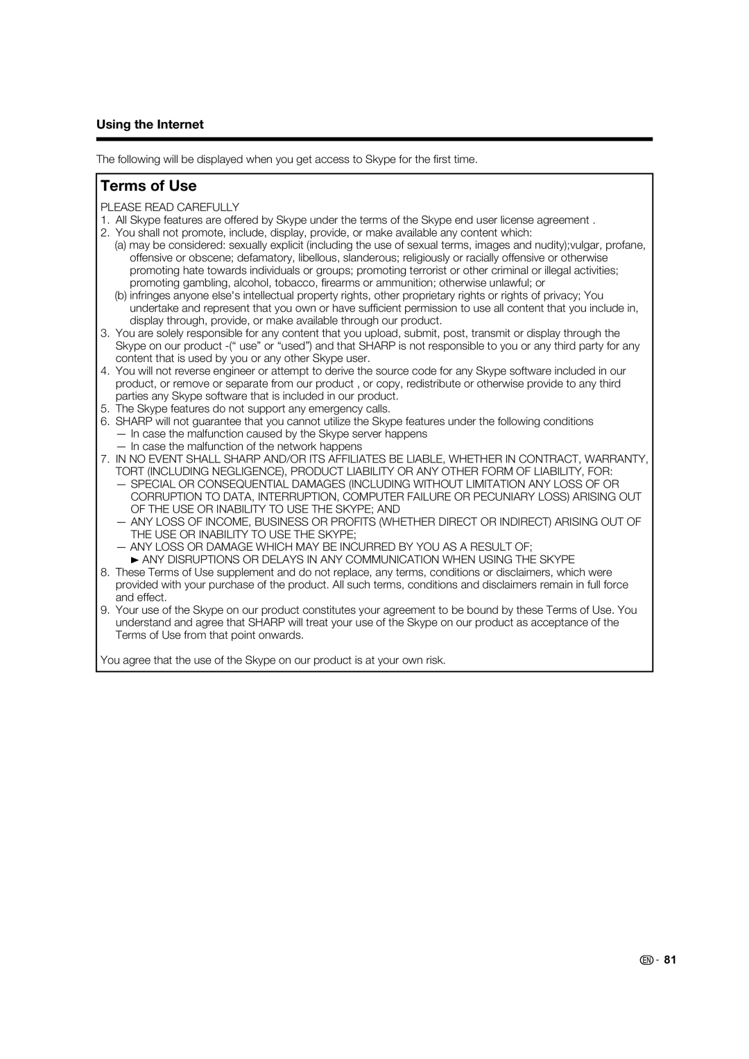 Sharp LC-60C8470U, LC-70C7450U, LC-70C8470U, LC-60C7450U operation manual Terms of Use 