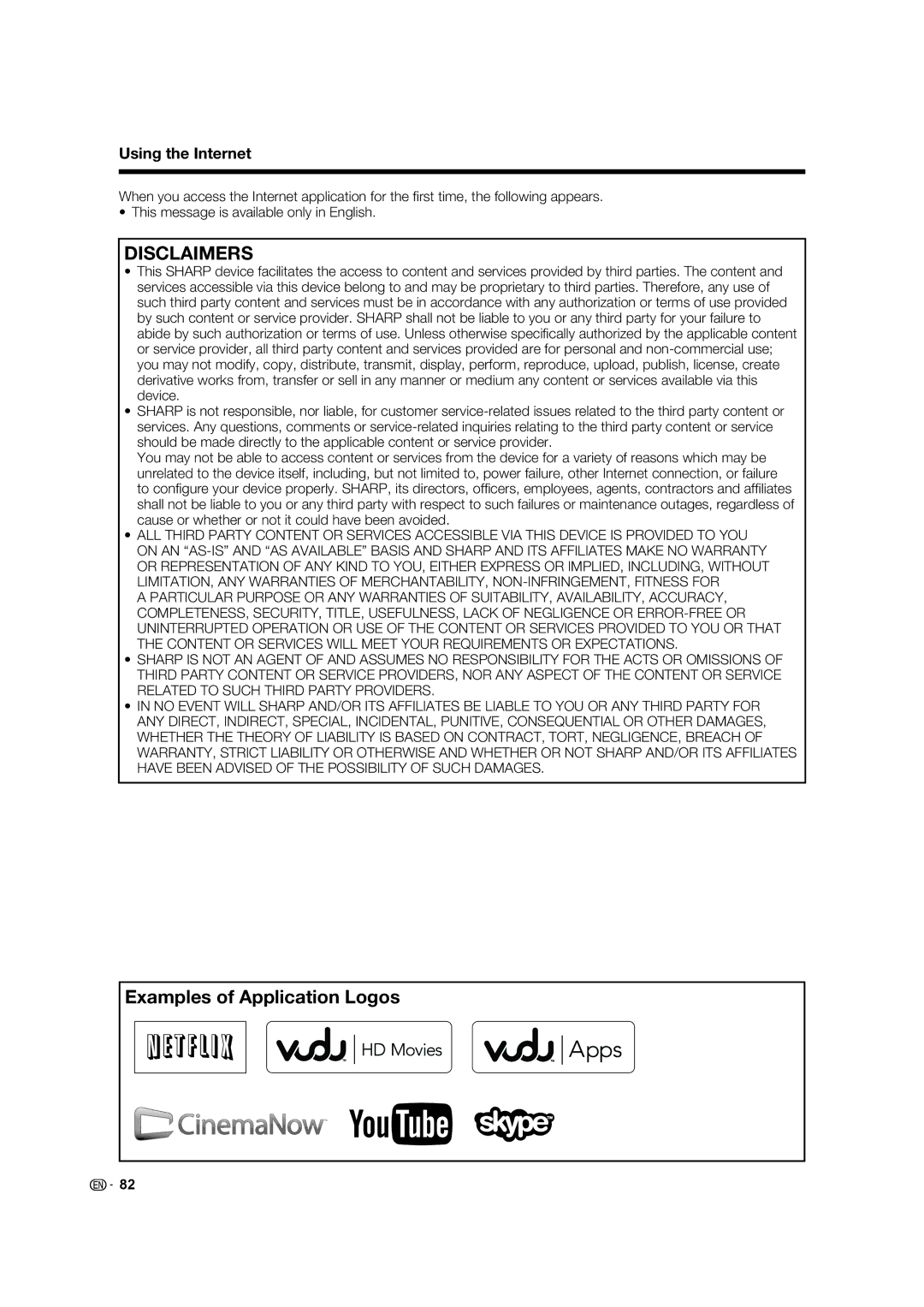 Sharp LC-70C7450U, LC-70C8470U, LC-60C7450U, LC-60C8470U operation manual Disclaimers 