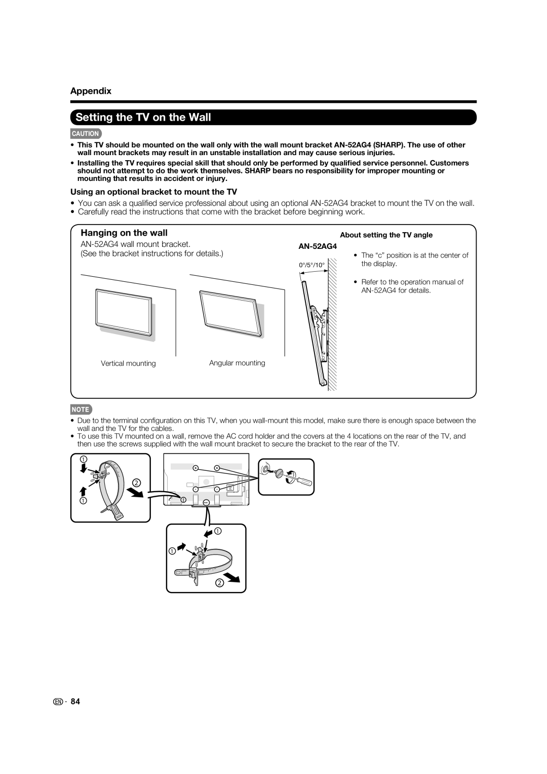 Sharp LC-60C7450U Setting the TV on the Wall, Appendix, Hanging on the wall, Using an optional bracket to mount the TV 