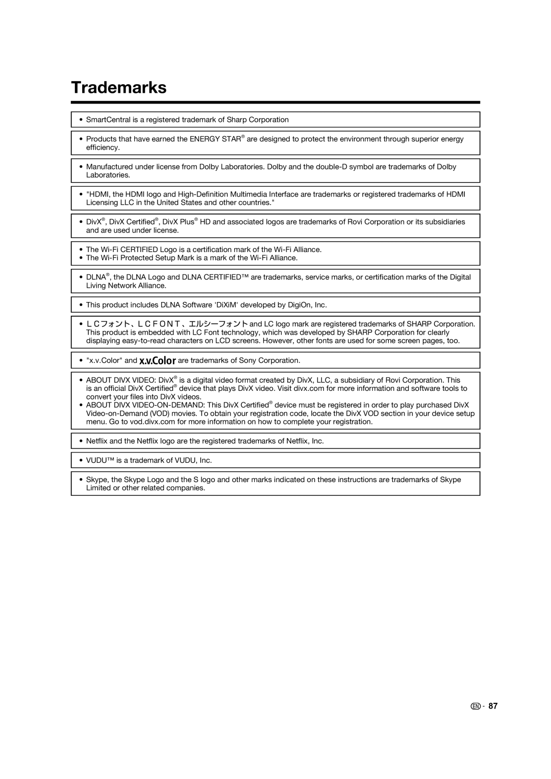 Sharp LC-70C8470U, LC-70C7450U, LC-60C7450U, LC-60C8470U operation manual Trademarks 