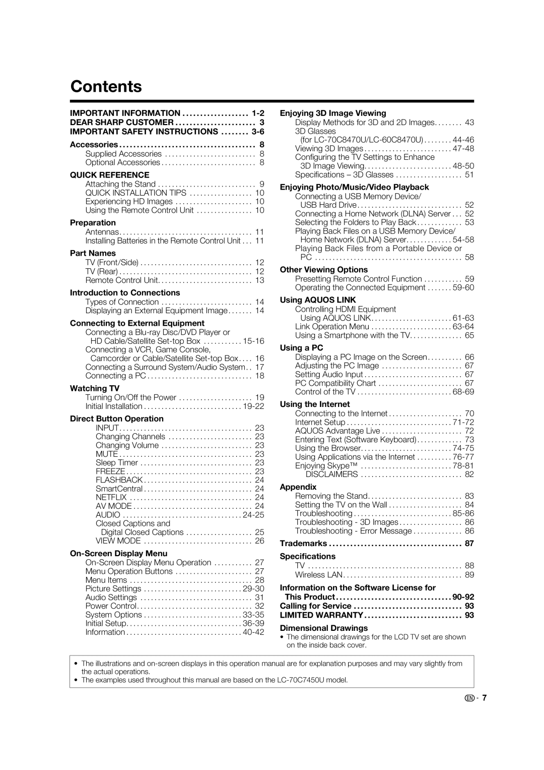 Sharp LC-70C8470U, LC-70C7450U, LC-60C7450U, LC-60C8470U operation manual Contents 