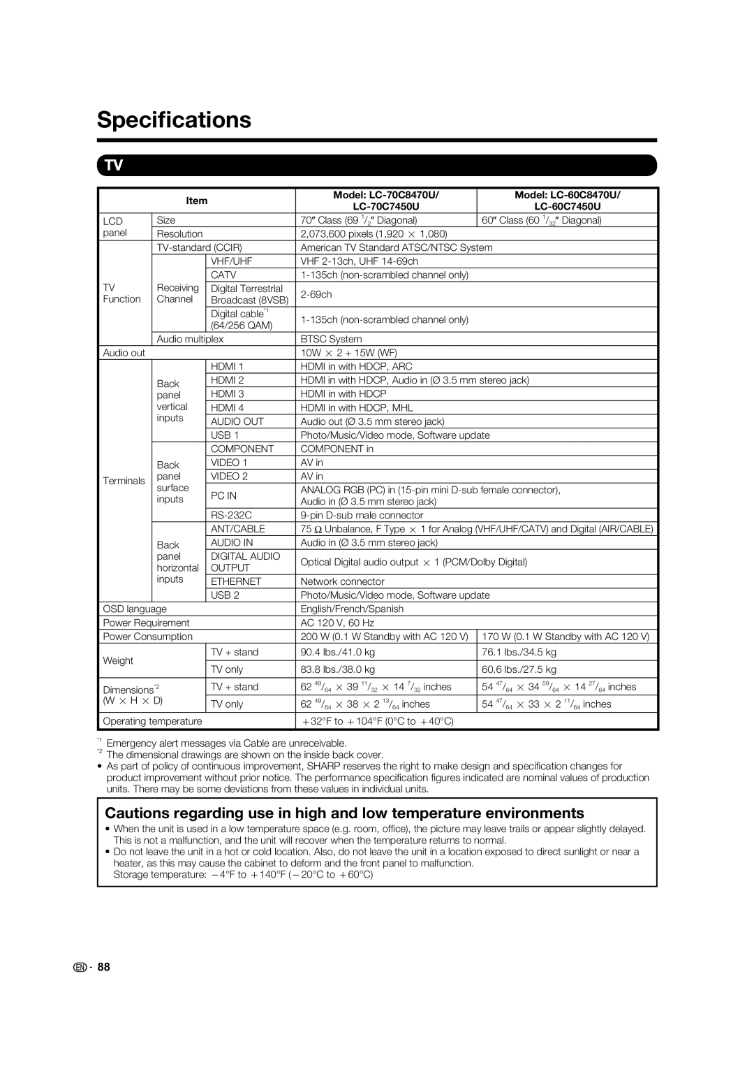 Sharp LC-60C7450U operation manual Speciﬁcations, Model LC-70C8470U Model LC-60C8470U LC-70C7450U 