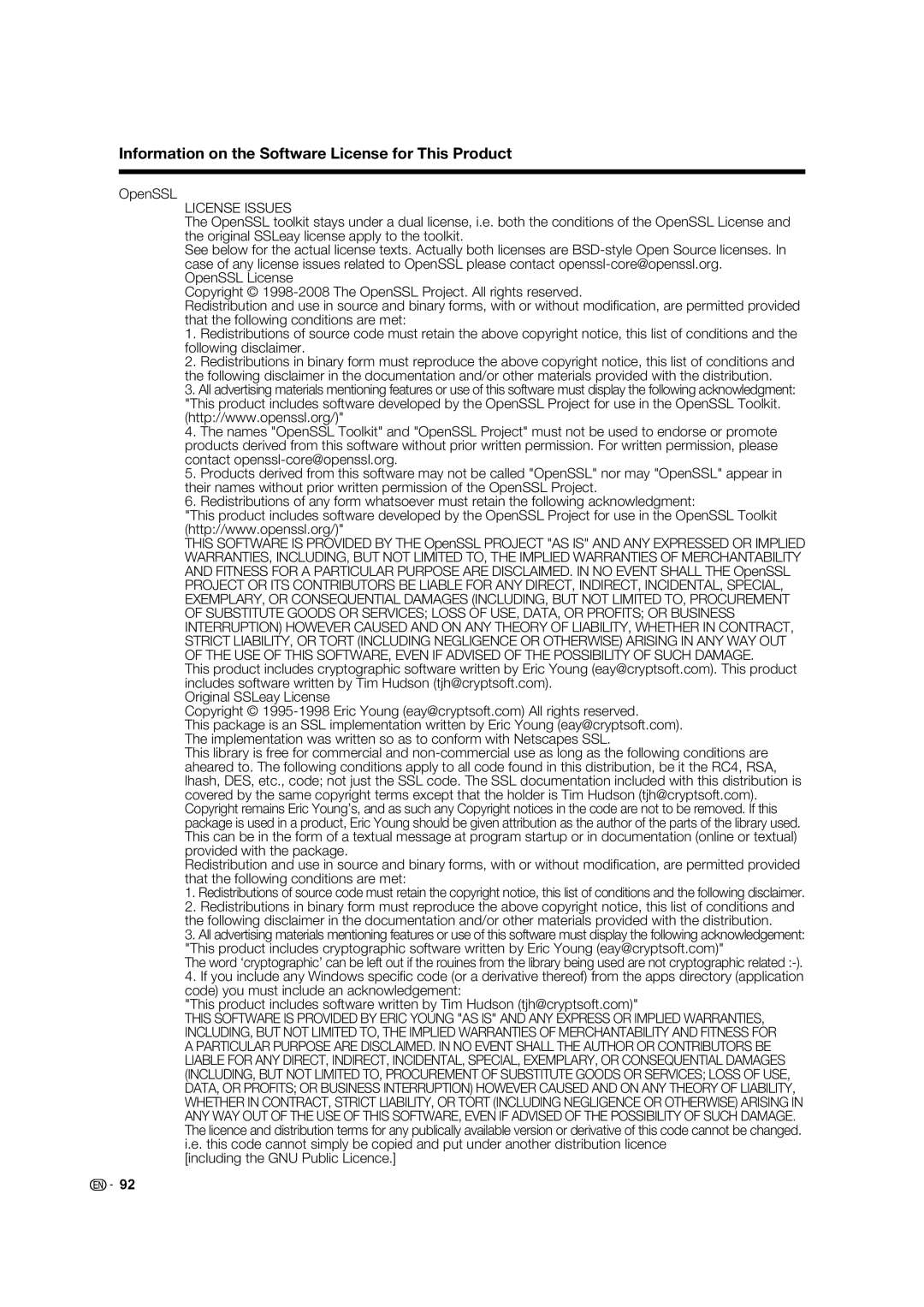 Sharp LC-60C7450U, LC-70C7450U, LC-70C8470U, LC-60C8470U operation manual OpenSSL, Including the GNU Public Licence 