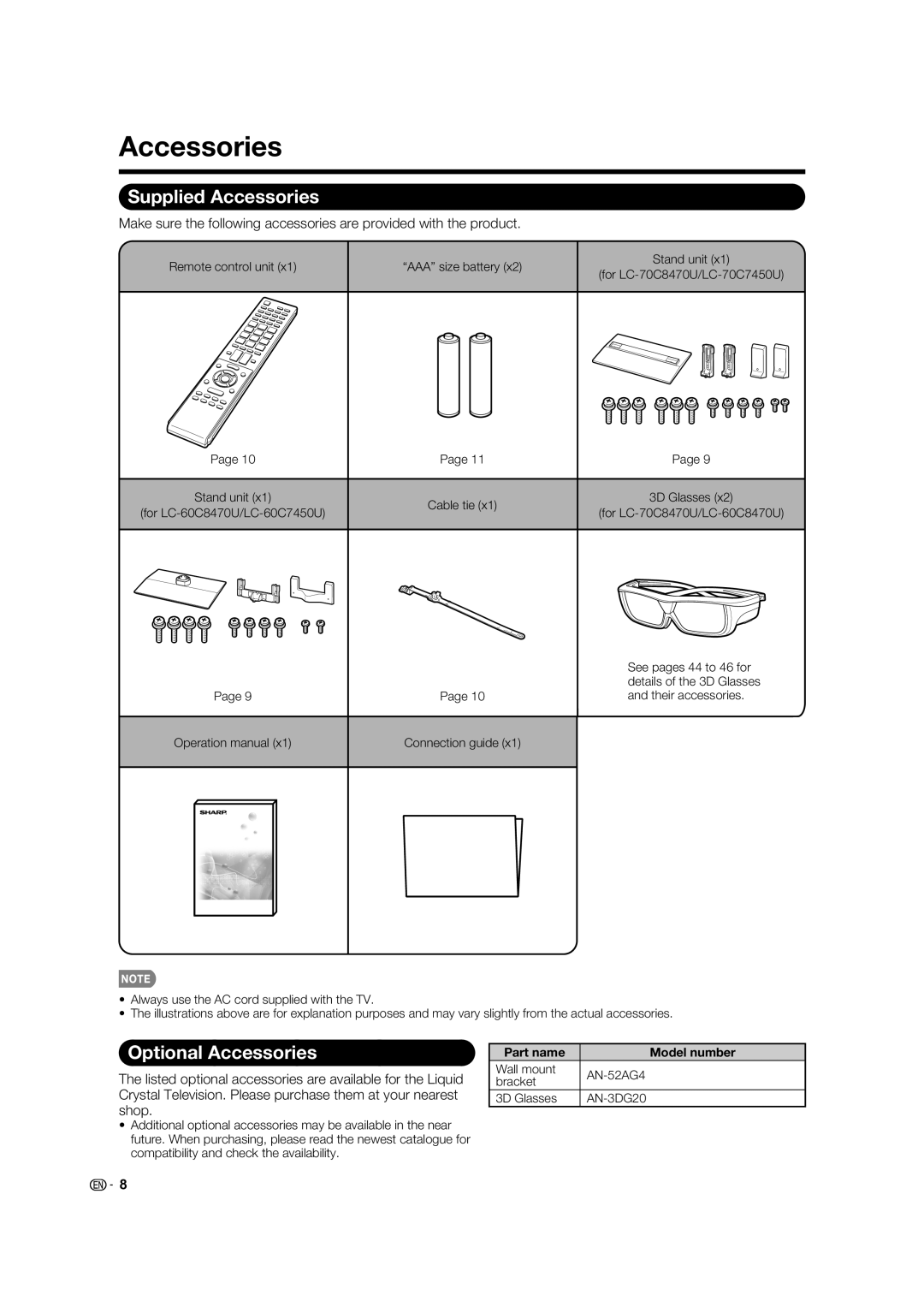 Sharp LC-60C7450U, LC-70C7450U, LC-70C8470U, LC-60C8470U operation manual Supplied Accessories, Optional Accessories 