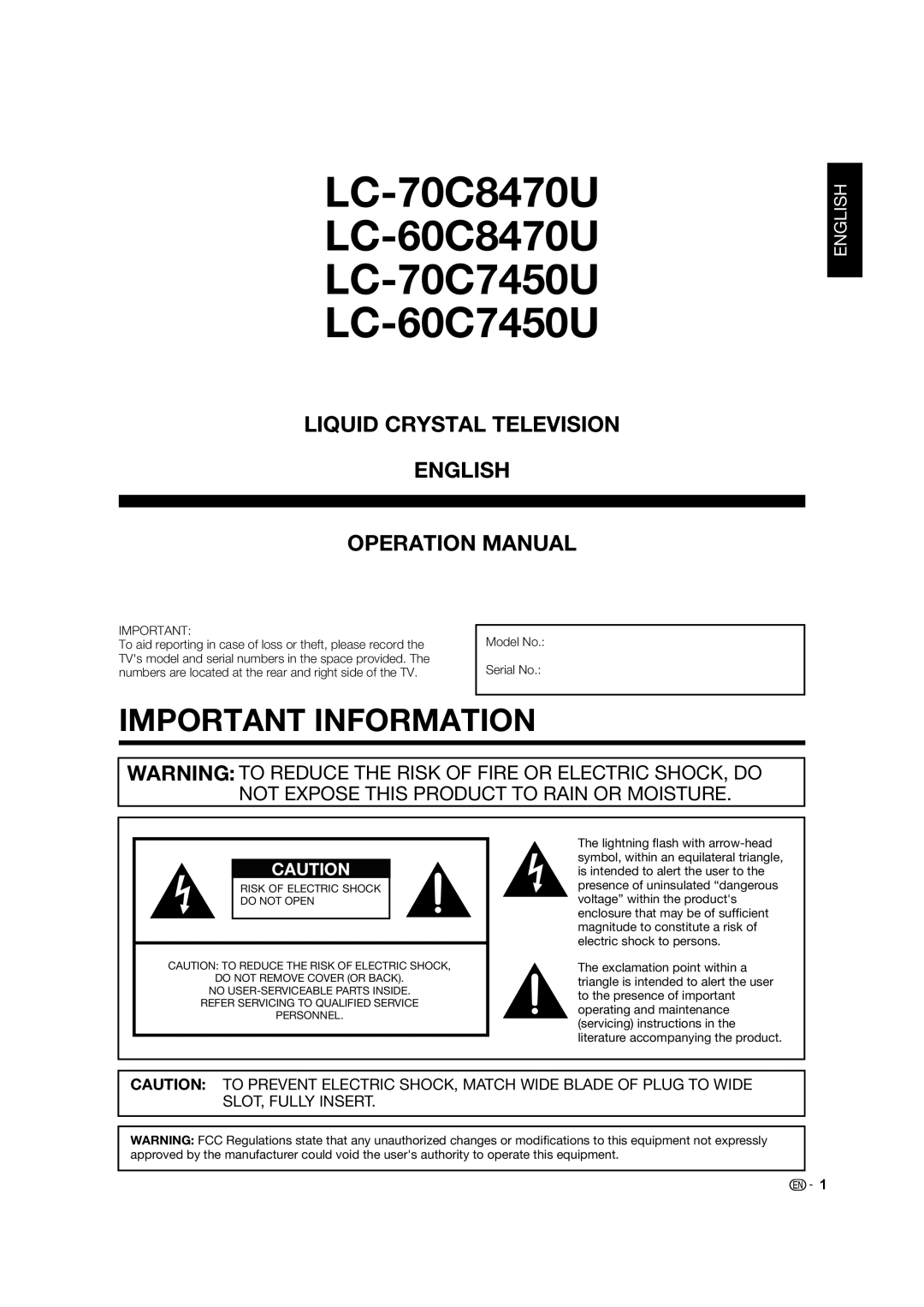 Sharp operation manual Important Information, LC-70C8470U LC-60C8470U LC-70C7450U LC-60C7450U, English 