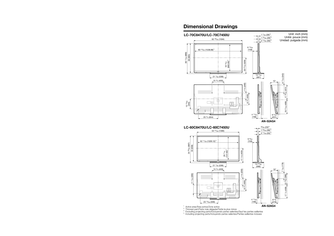Sharp Dimensional Drawings, LC-70C8470U/LC-70C7450U, LC-60C8470U/LC-60C7450U, Unit inch mm, Unité pouce mm, AN-52AG4 