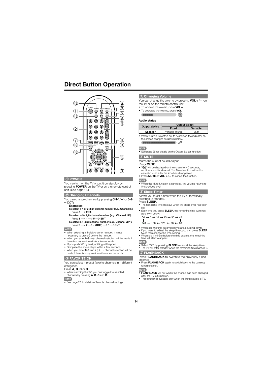 Sharp LC-70LE600U, LC-60LE600U operation manual Direct Button Operation, Changing Channels, Changing Volume, Sleep Timer 