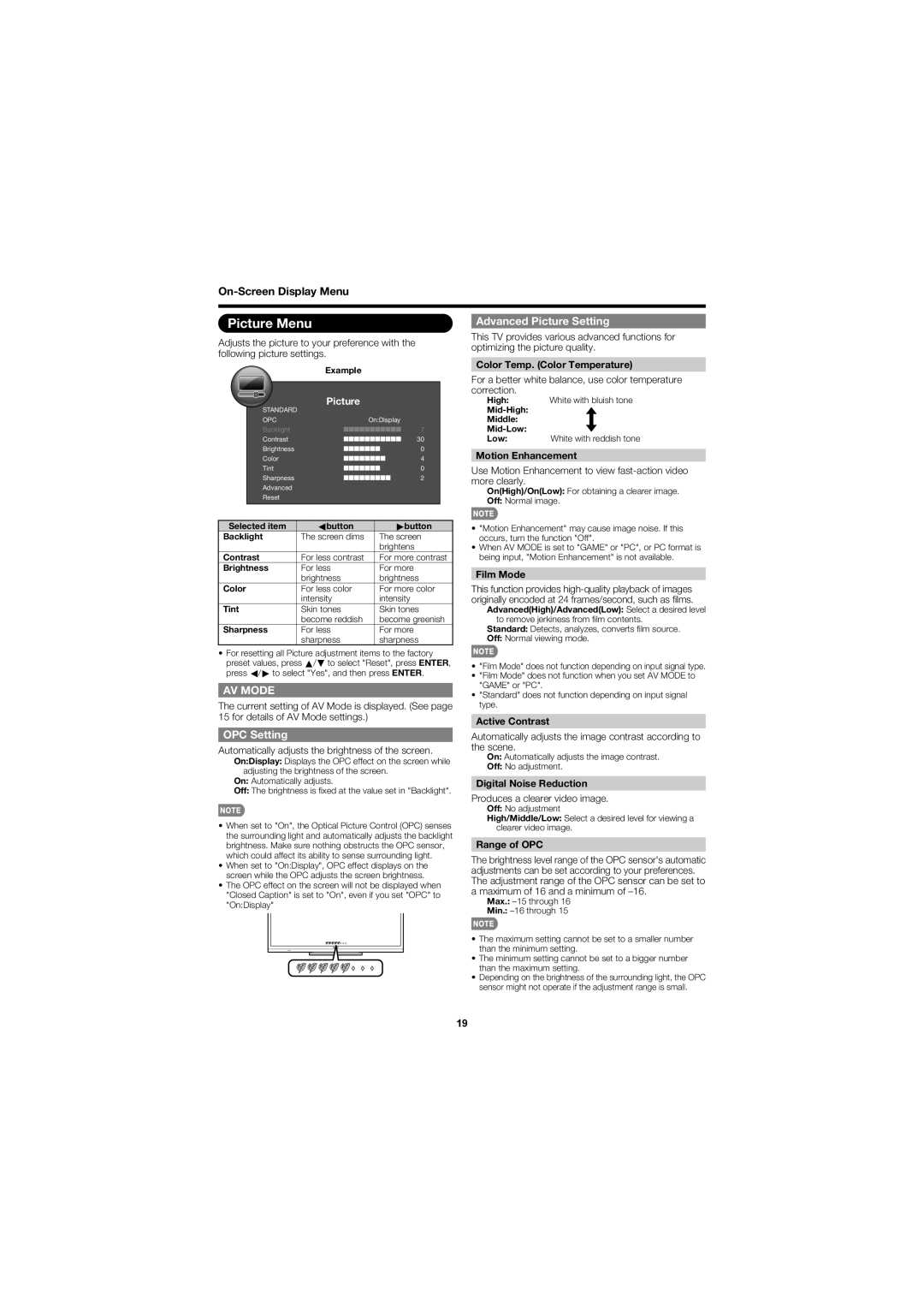 Sharp LC-60LE600U, LC-70LE600U operation manual Picture Menu, OPC Setting, Advanced Picture Setting 