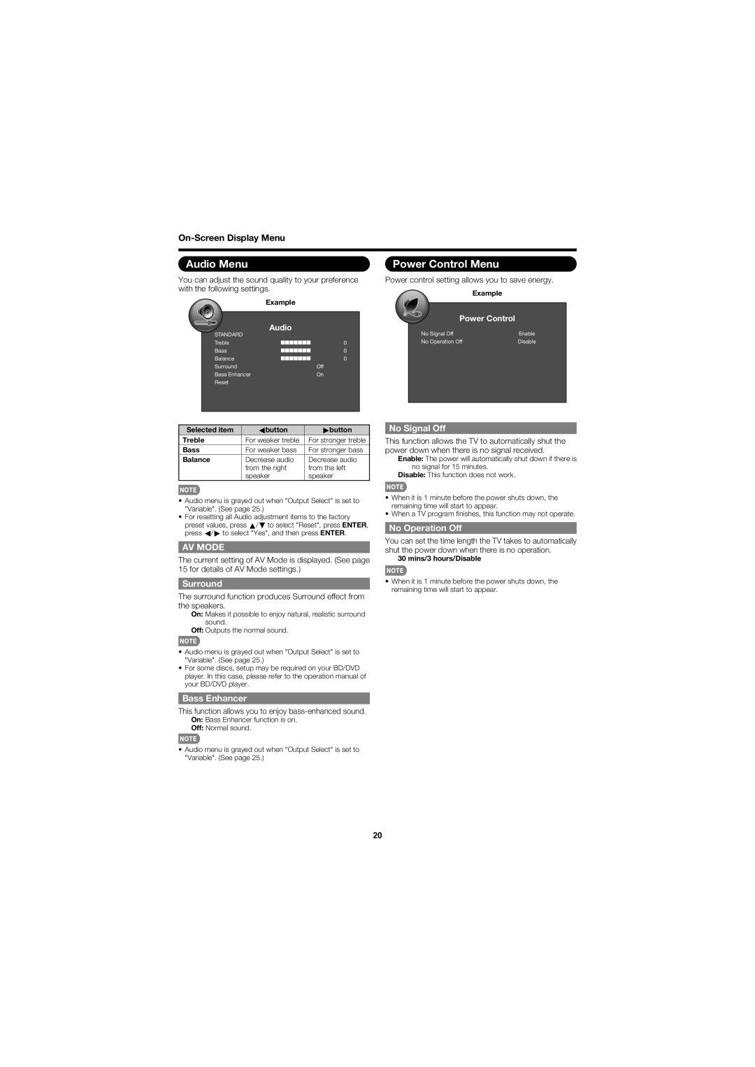 Sharp LC-70LE600U, LC-60LE600U operation manual Audio Menu, Power Control Menu 