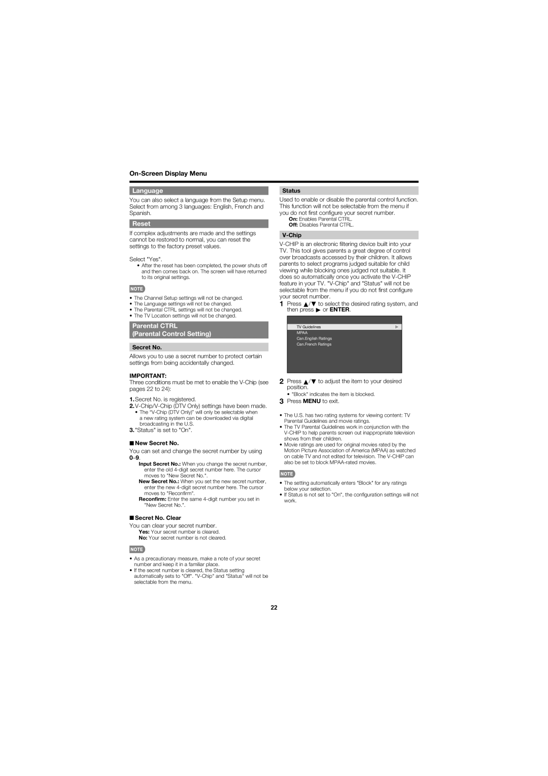 Sharp LC-70LE600U, LC-60LE600U operation manual Language, Reset, Parental Ctrl Parental Control Setting 