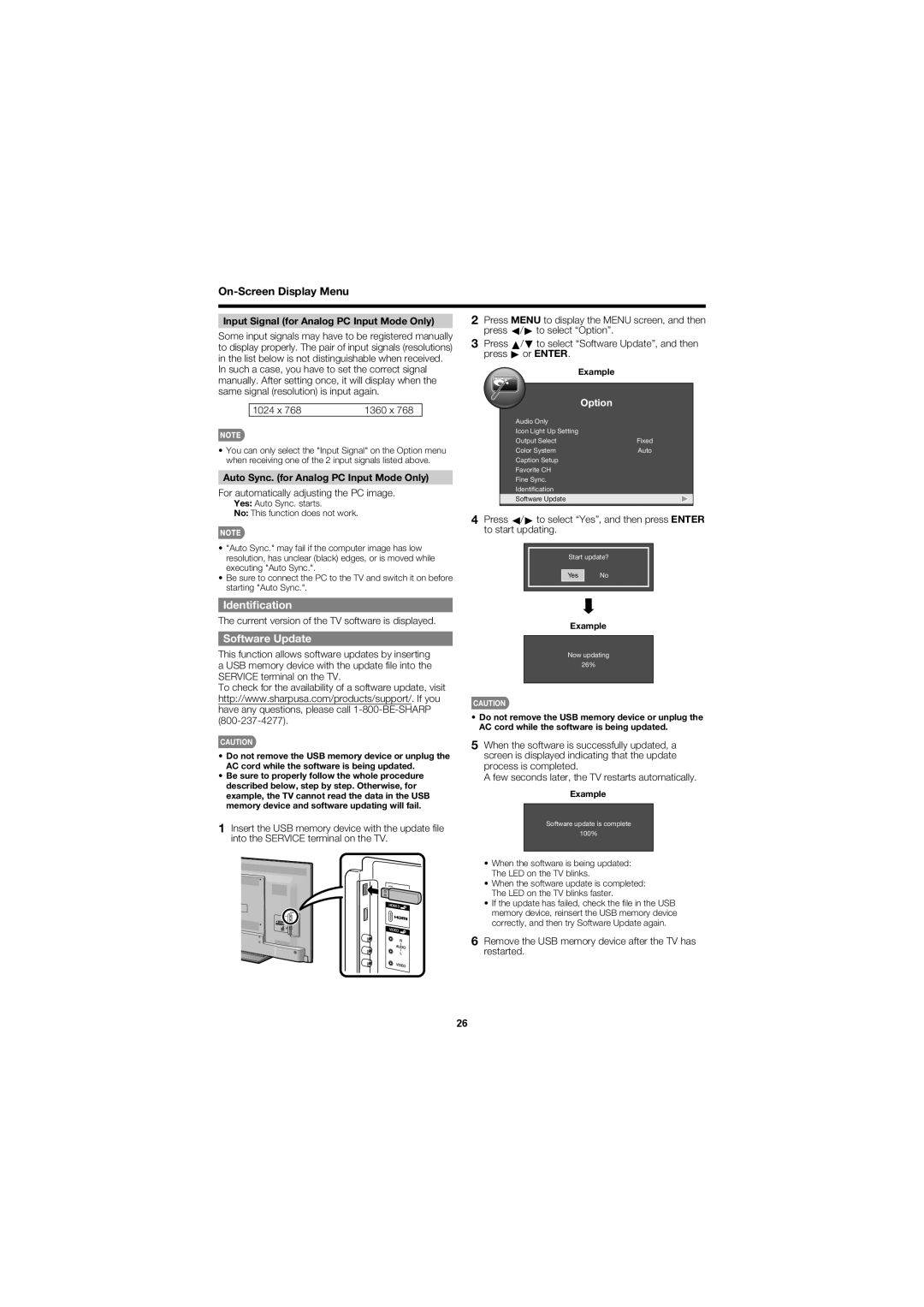 Sharp LC-70LE600U, LC-60LE600U operation manual Auto Sync. for Analog PC Input Mode Only, Identiﬁcation, Software Update 