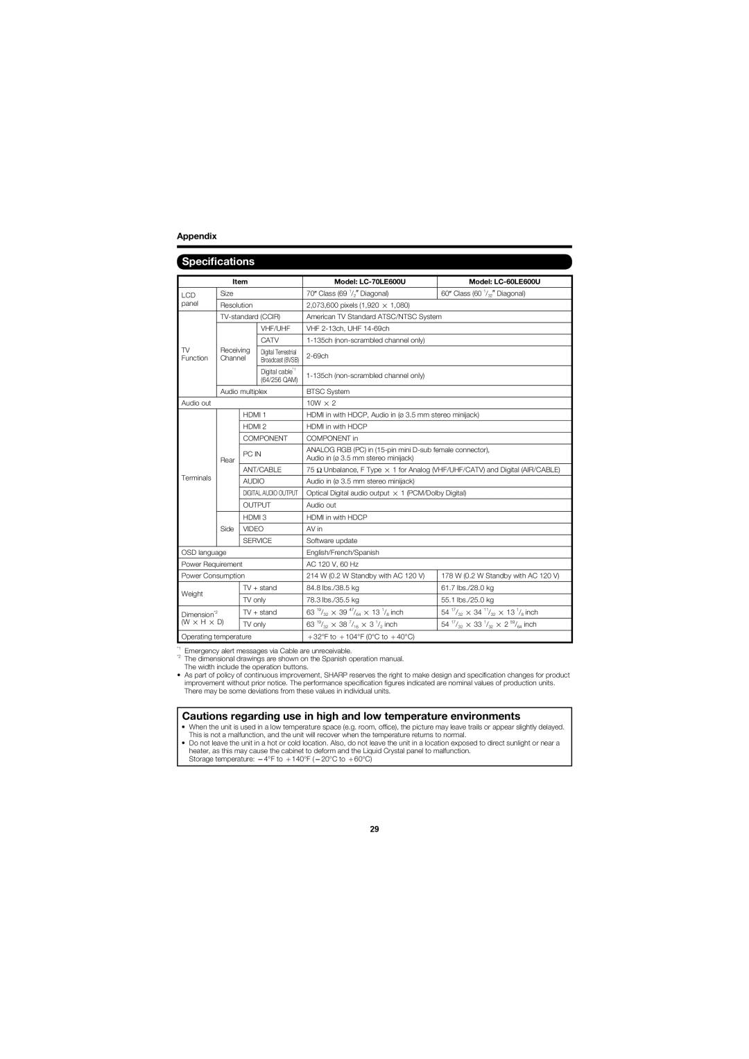 Sharp operation manual Speciﬁcations, Model LC-70LE600U Model LC-60LE600U 