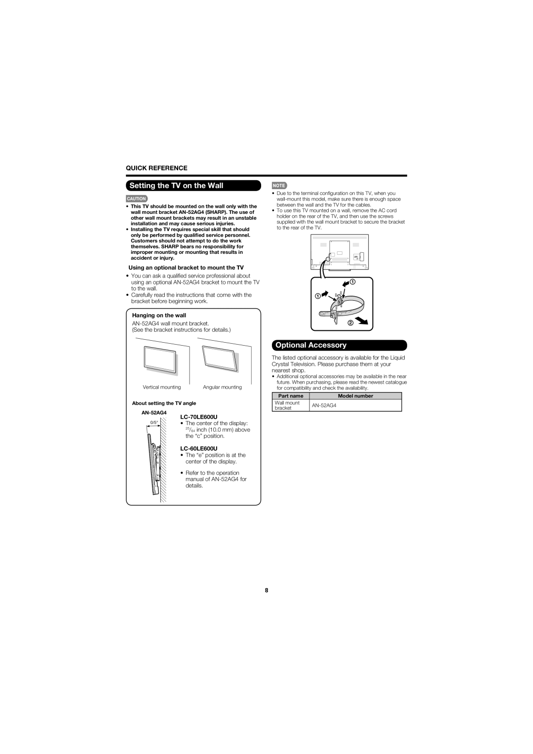 Sharp LC-70LE600U, LC-60LE600U operation manual Setting the TV on the Wall, Optional Accessory 