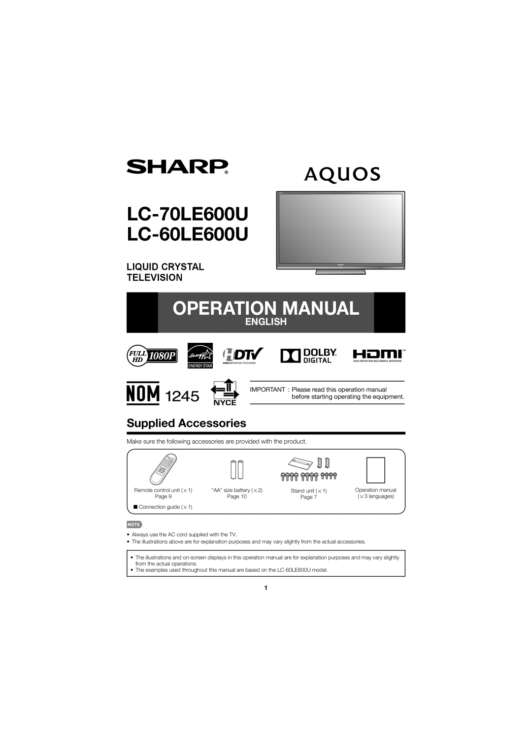 Sharp operation manual LC-70LE600U LC-60LE600U, Supplied Accessories, Operation Manual, Liquid Crystal Television 