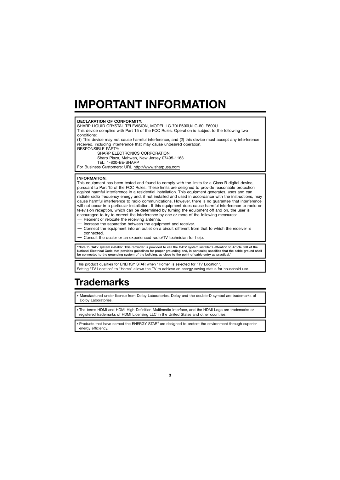 Sharp LC-60LE600U, LC-70LE600U operation manual Declaration Of Conformity, Important Information, Trademarks 