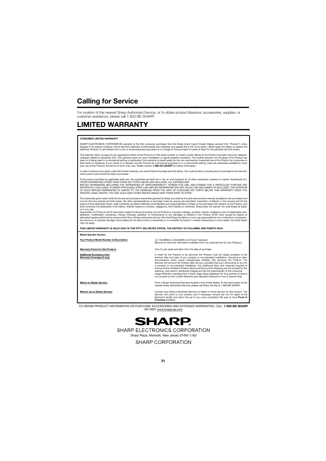 Sharp LC-60LE600U, LC-70LE600U Calling for Service, Limited Warranty, Sharp Electronics Corporation, Sharp Corporation 
