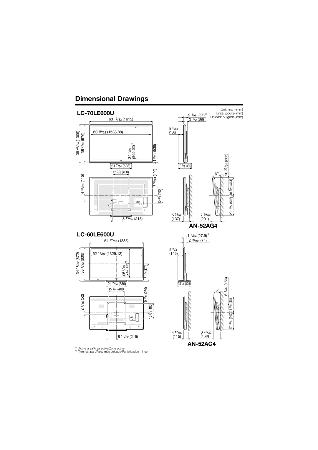 Sharp LC-60LE600U operation manual Dimensional Drawings, LC-70LE600U, AN-52AG4 