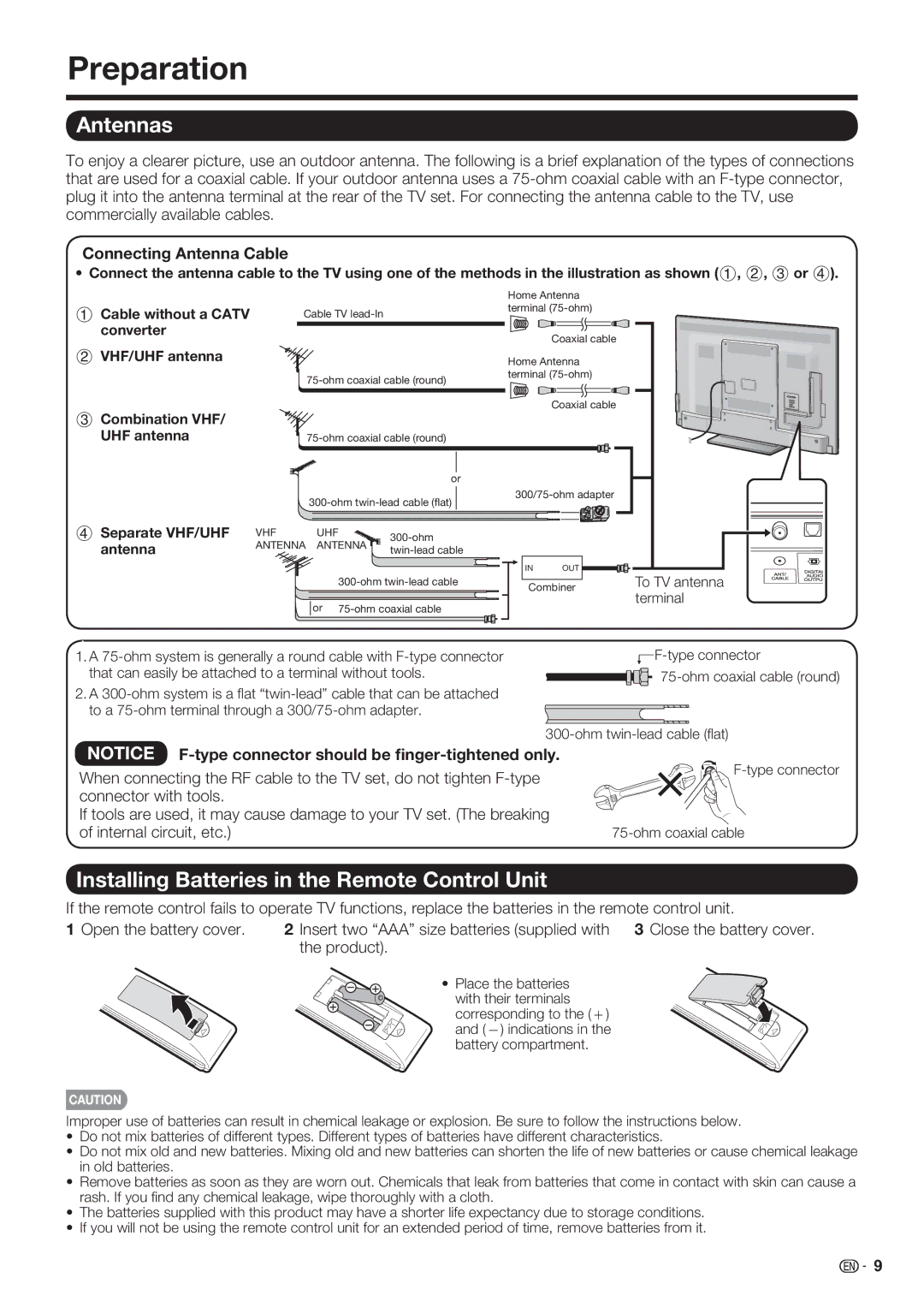 Sharp LC-60LE632U Preparation, Antennas, Installing Batteries in the Remote Control Unit, Connecting Antenna Cable 