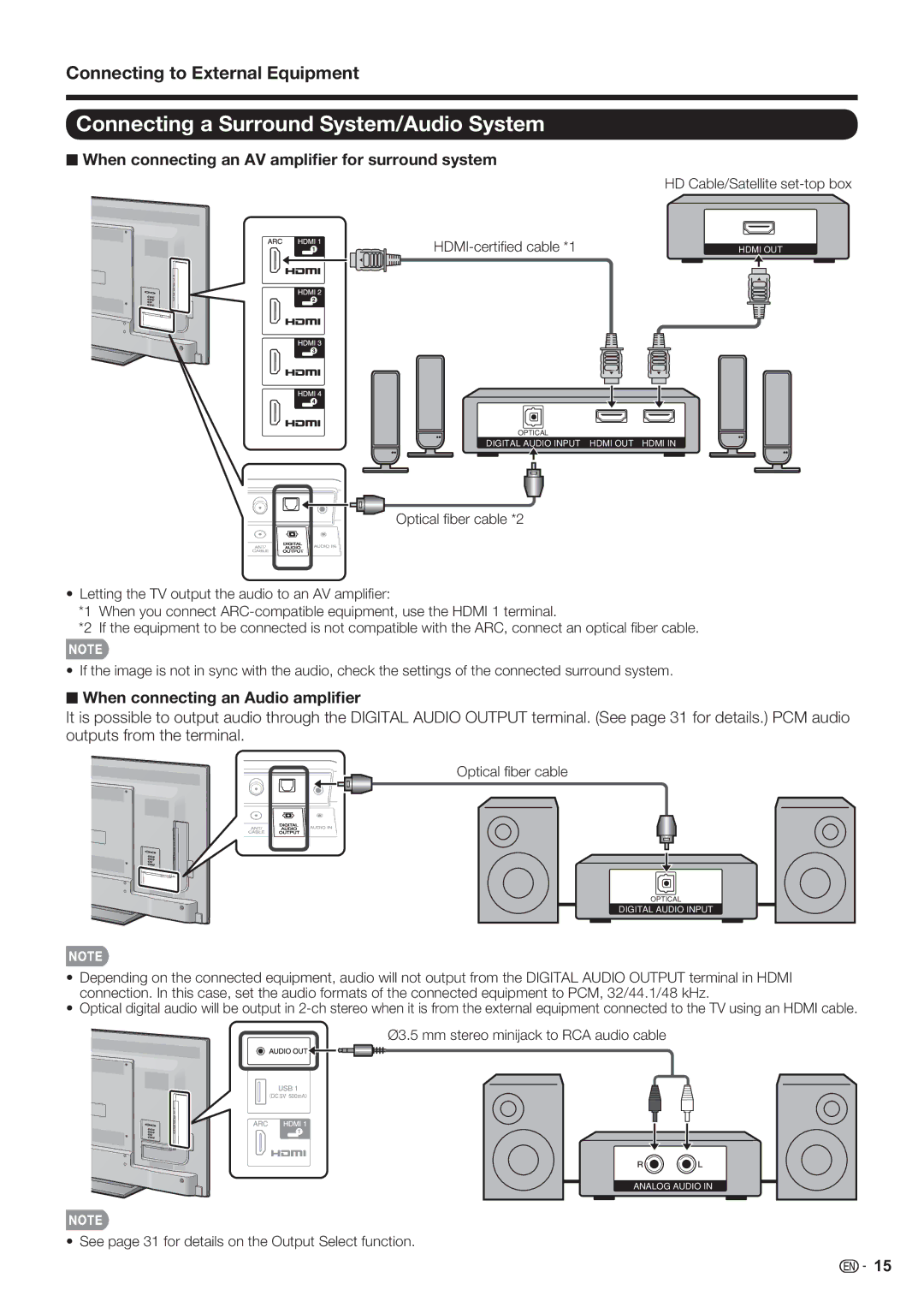 Sharp LC-60LE632U Connecting a Surround System/Audio System, When connecting an AV ampliﬁer for surround system 