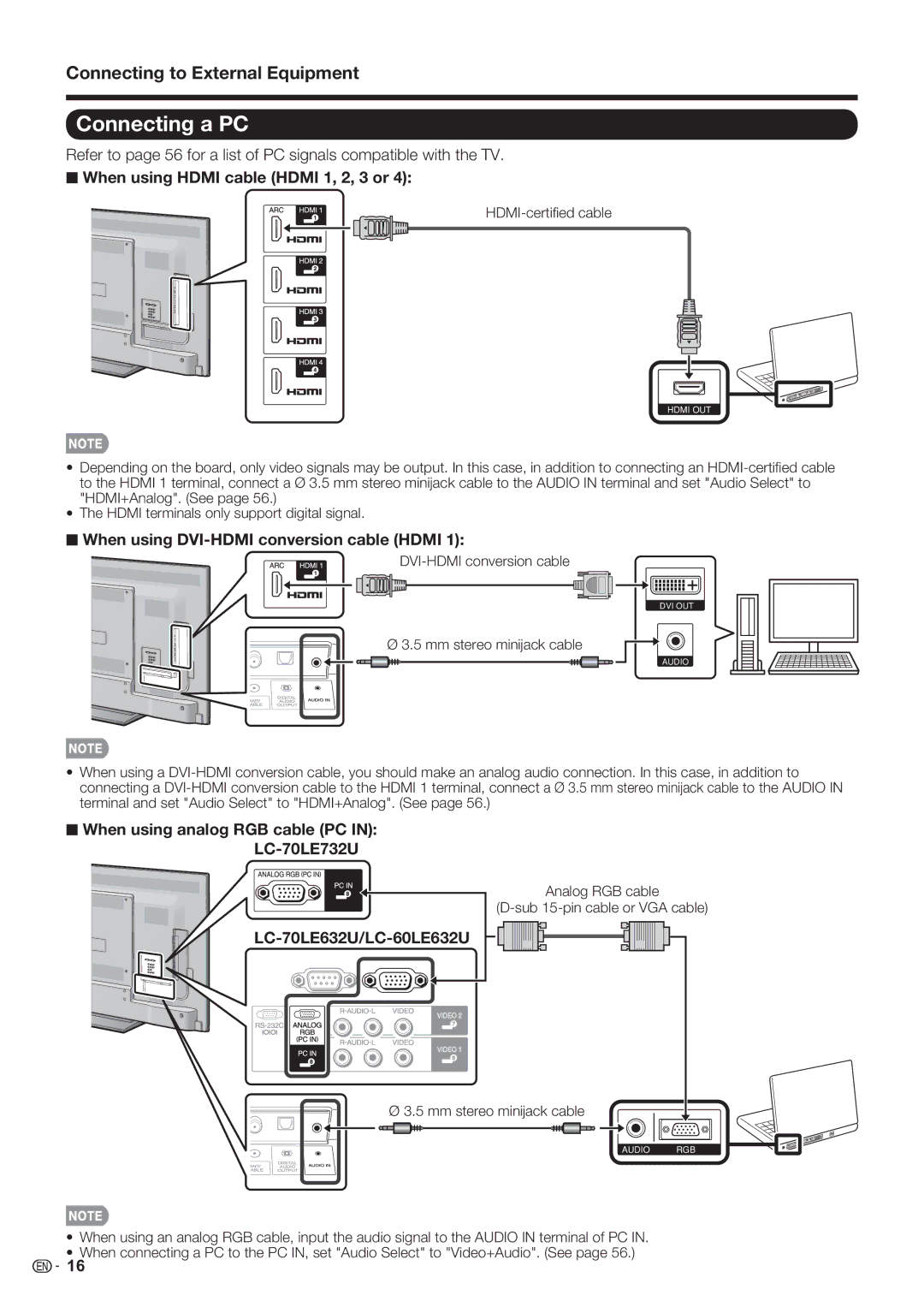 Sharp LC-70LE732U operation manual Connecting a PC, LC-70LE632U/LC-60LE632U 