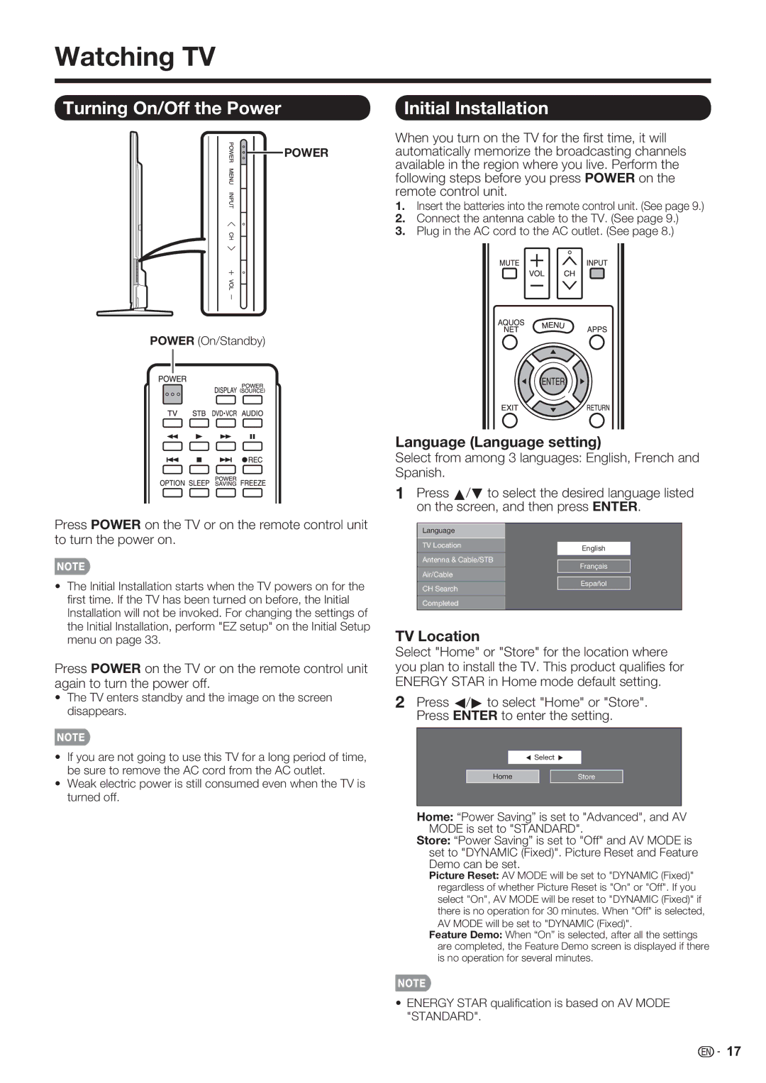 Sharp LC-70LE732U Watching TV, Turning On/Off the Power, Initial Installation, Language Language setting, TV Location 