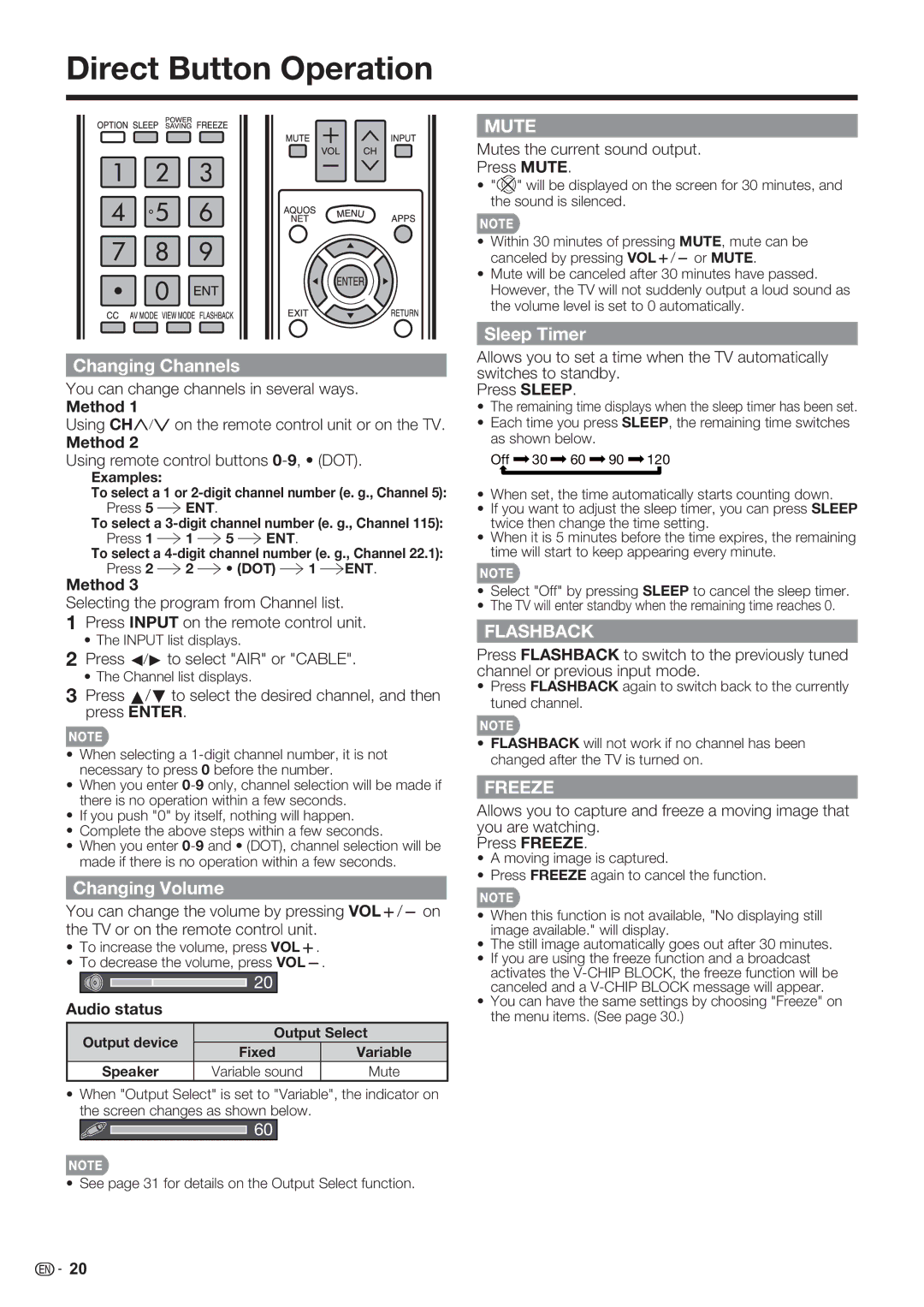 Sharp LC-70LE732U, LC-70LE632U, LC-60LE632U Direct Button Operation, Changing Channels, Changing Volume, Sleep Timer 