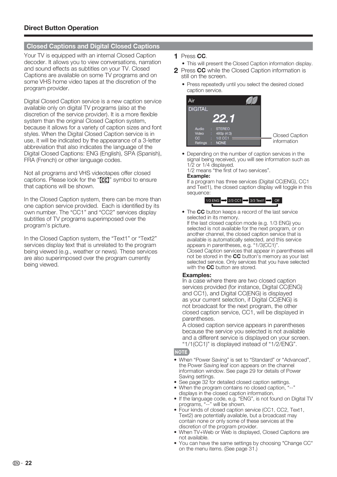 Sharp LC-70LE632U, LC-70LE732U, LC-60LE632U operation manual Closed Captions and Digital Closed Captions, Press CC, Examples 