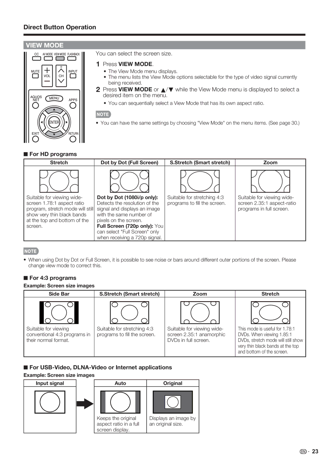 Sharp LC-70LE732U, LC-70LE632U You can select the screen size, Press View Mode, For HD programs, For 43 programs 