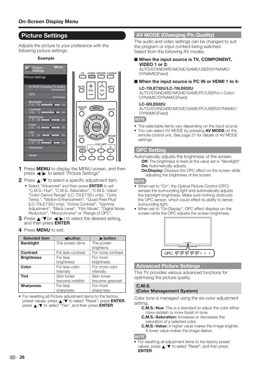 Sharp LC-70LE732U, LC-70LE632U, LC-60LE632U AV Mode Changing Pic.Quality, OPC Setting, Advanced Picture Settings 