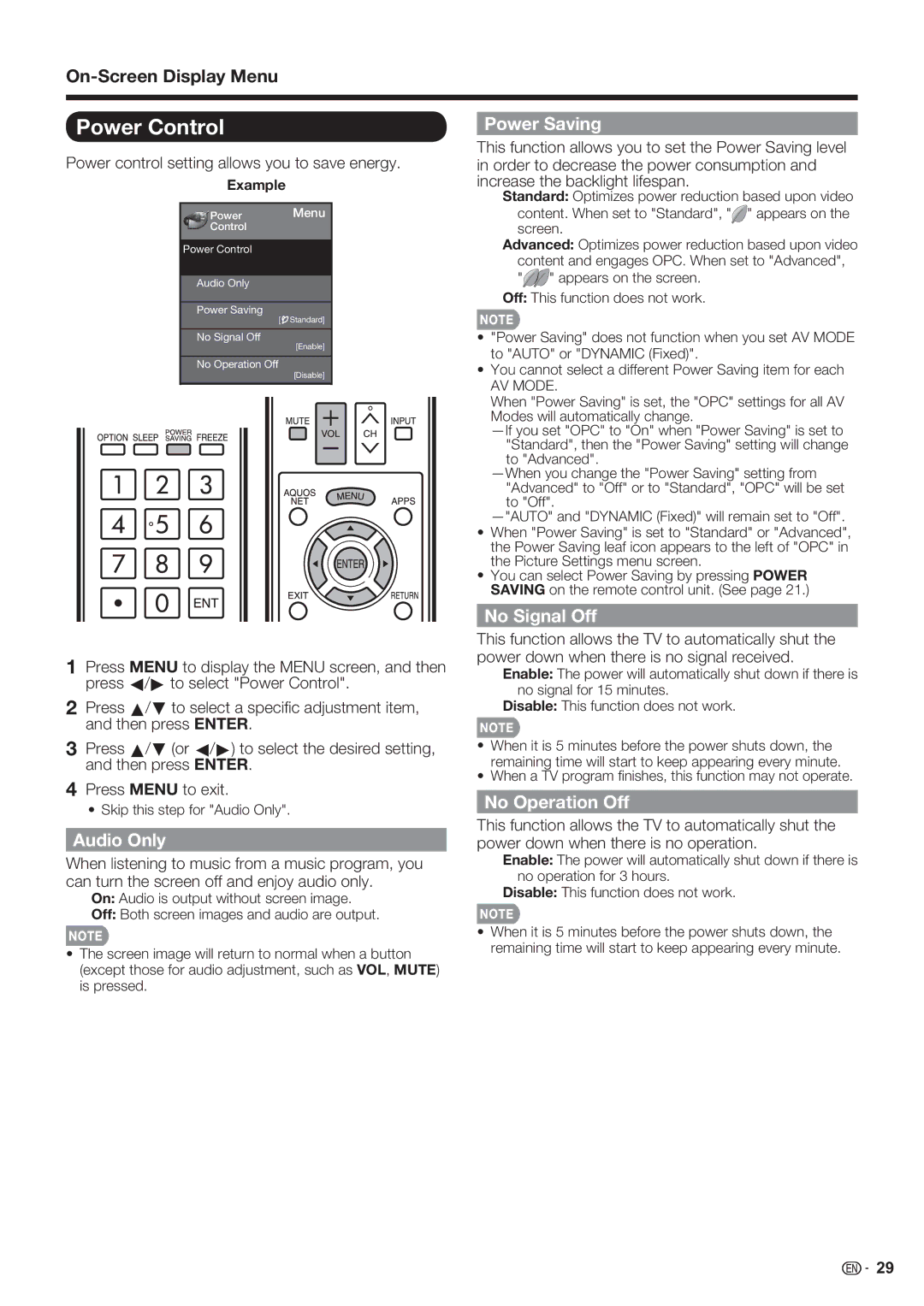 Sharp LC-70LE732U, LC-70LE632U, LC-60LE632U Power Control, Power Saving, No Signal Off, Audio Only, No Operation Off 