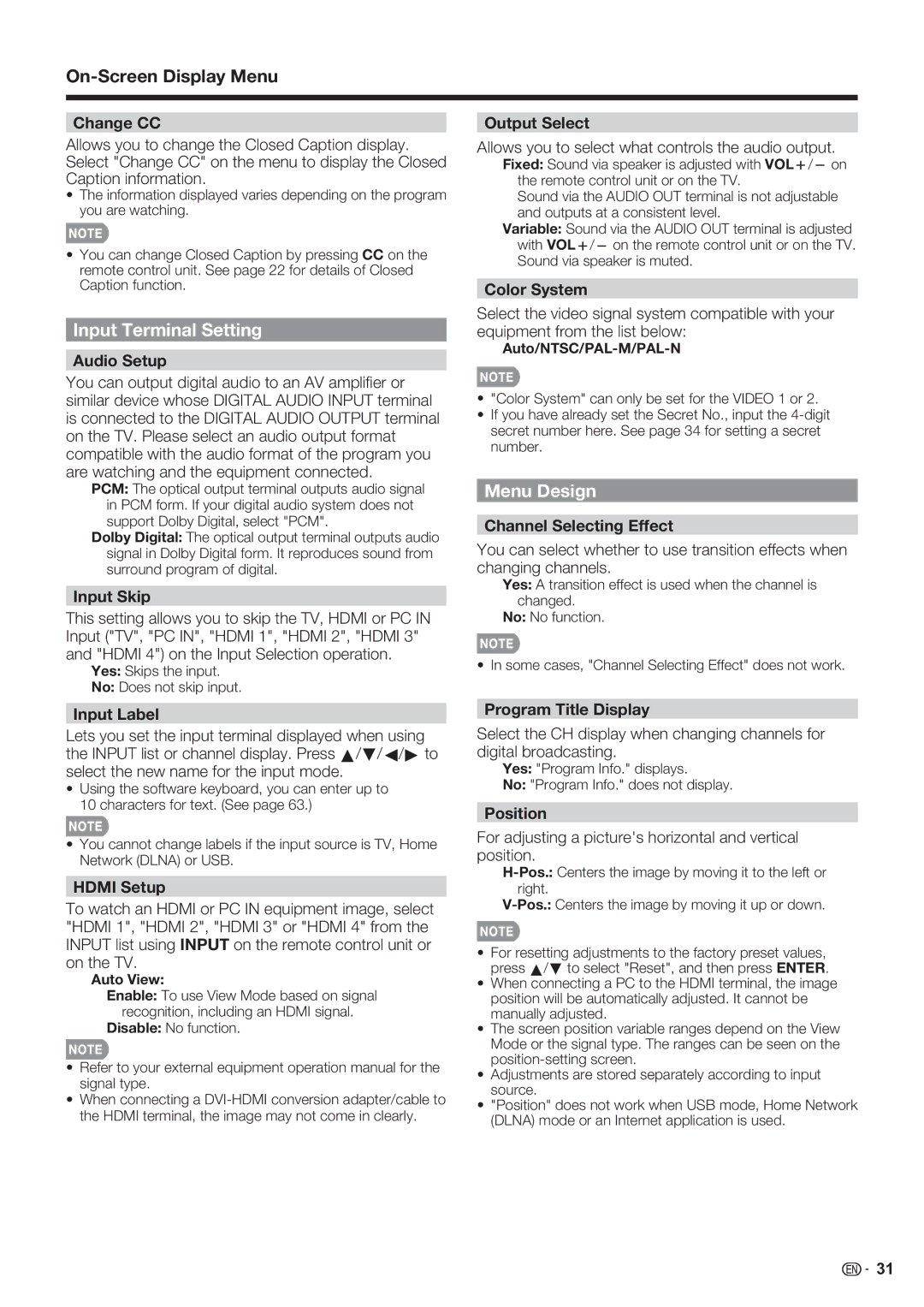 Sharp LC-70LE632U, LC-70LE732U, LC-60LE632U operation manual Input Terminal Setting, Menu Design 