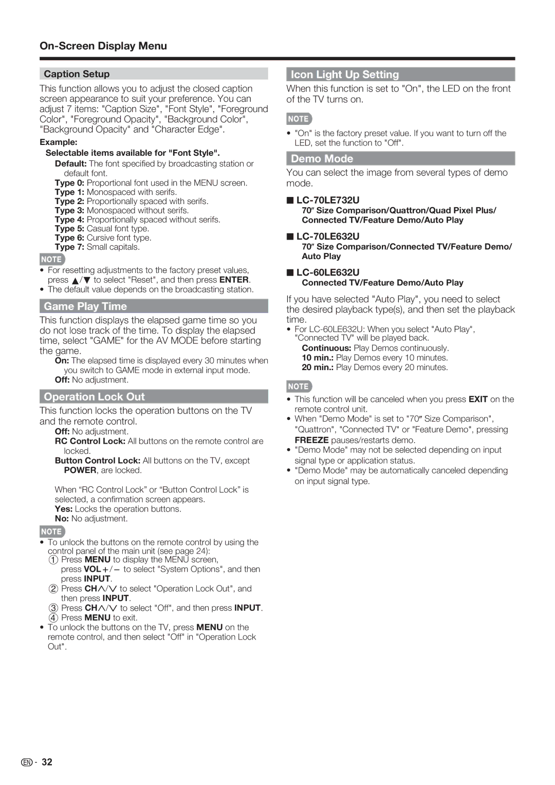 Sharp LC-70LE732U, LC-70LE632U, LC-60LE632U Icon Light Up Setting, Game Play Time, Operation Lock Out, Demo Mode 