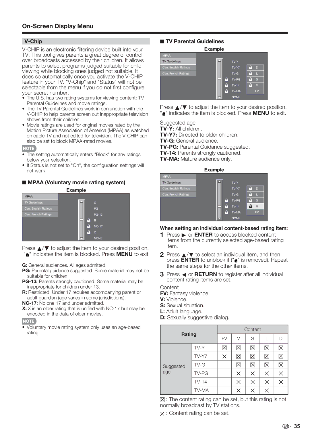 Sharp LC-70LE732U, LC-70LE632U Chip is an electronic ﬁ ltering device built into your, TV Parental Guidelines 