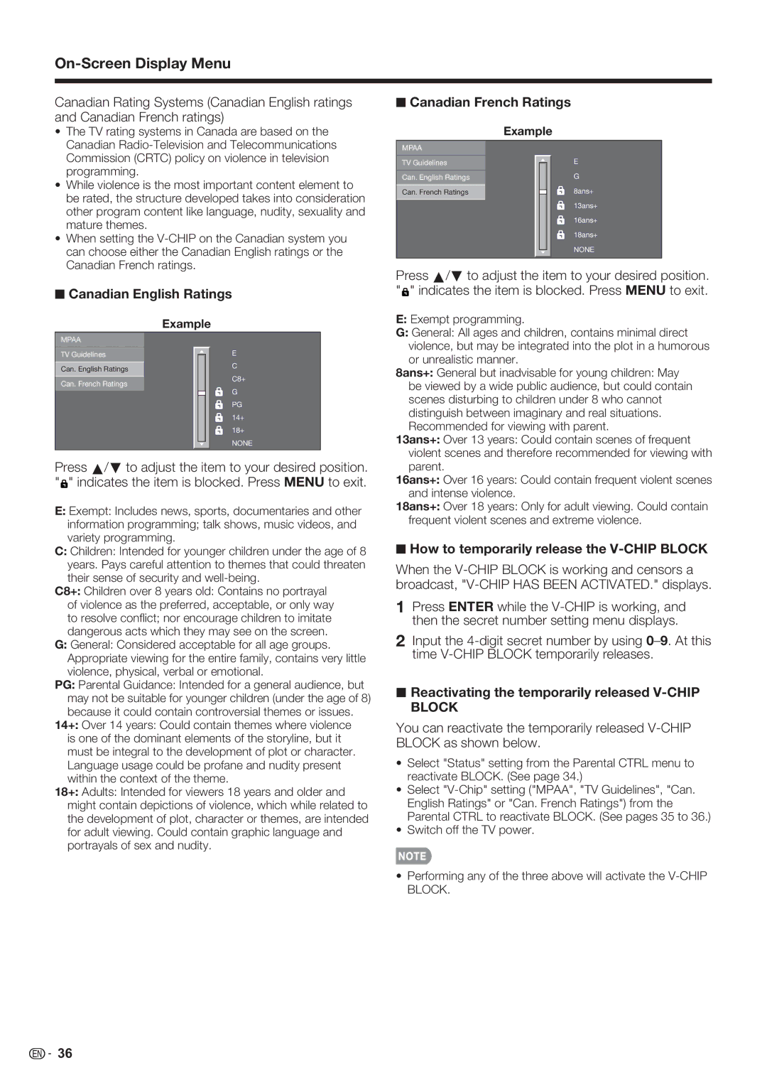 Sharp LC-60LE632U Canadian English Ratings, Canadian French Ratings, How to temporarily release the V-CHIP Block 