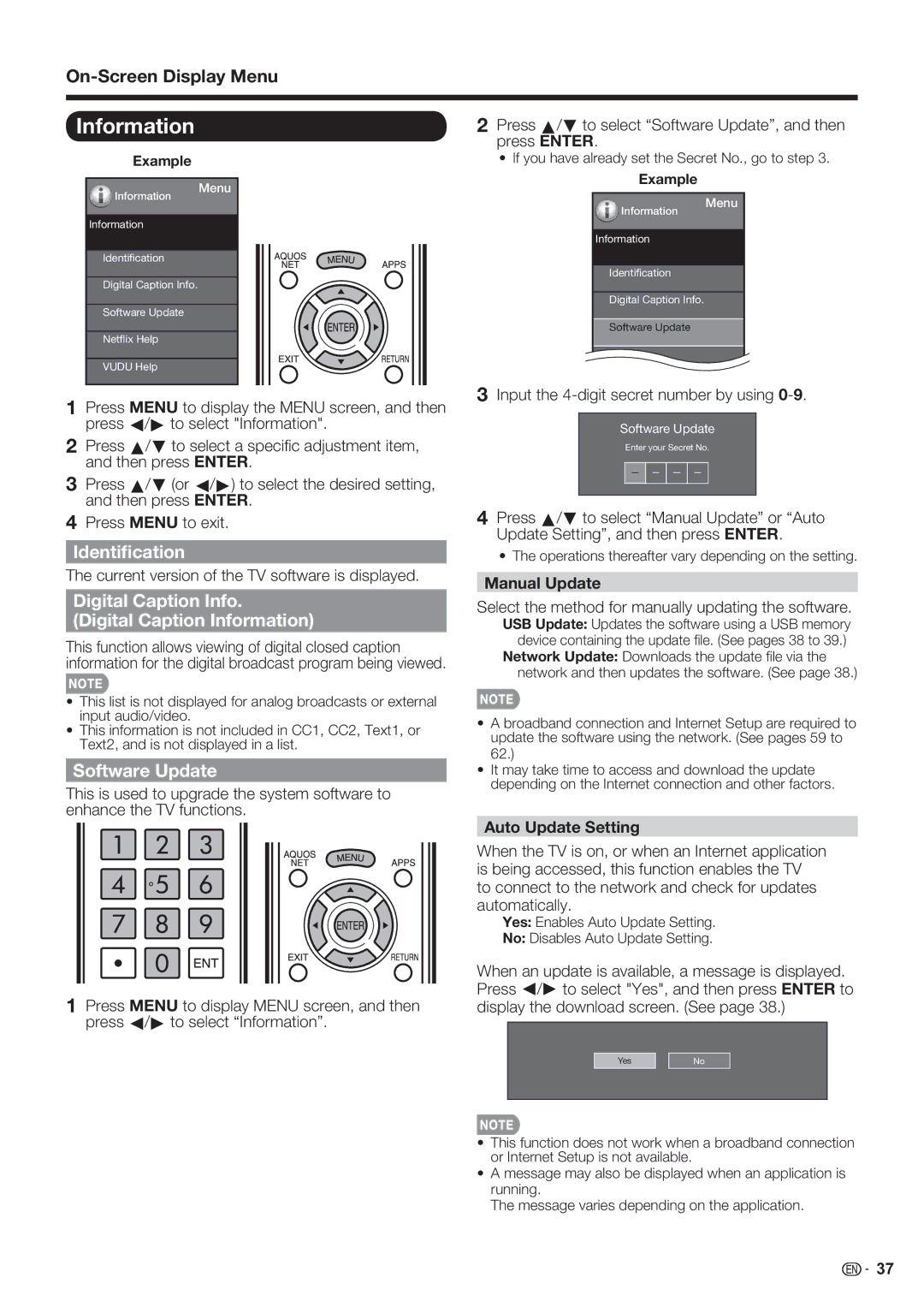 Sharp LC-70LE632U, LC-70LE732U Identiﬁcation, Digital Caption Info Digital Caption Information, Software Update 