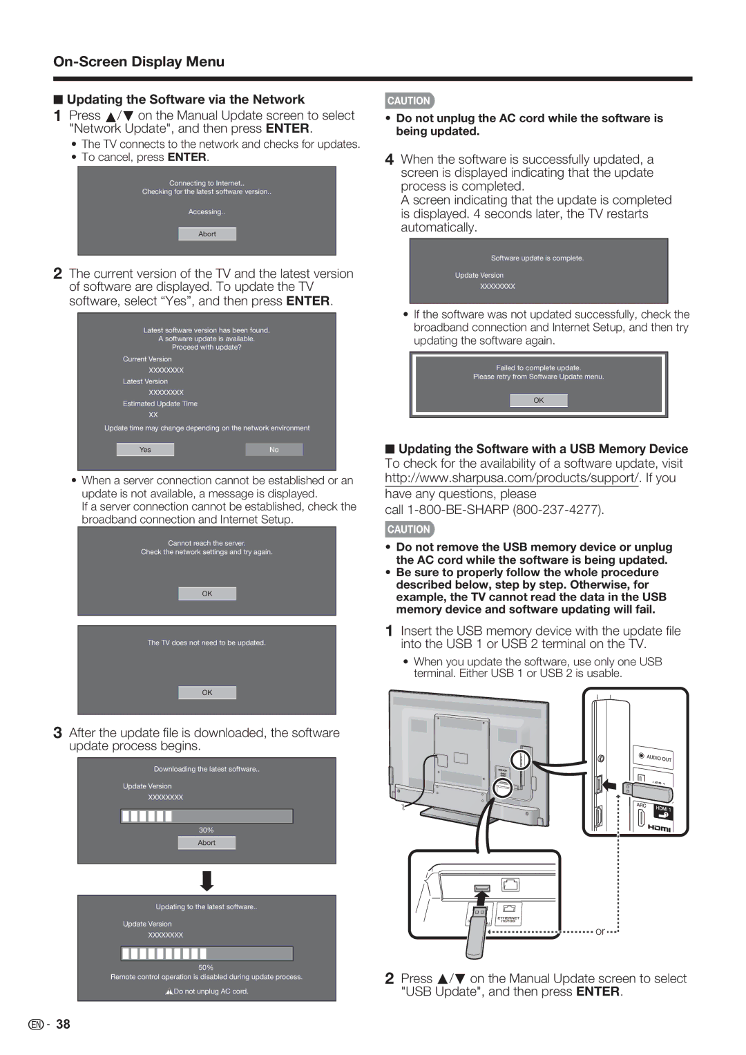 Sharp LC-70LE732U, LC-70LE632U, LC-60LE632U operation manual Updating the Software via the Network, Call 1-800-BE-SHARP 