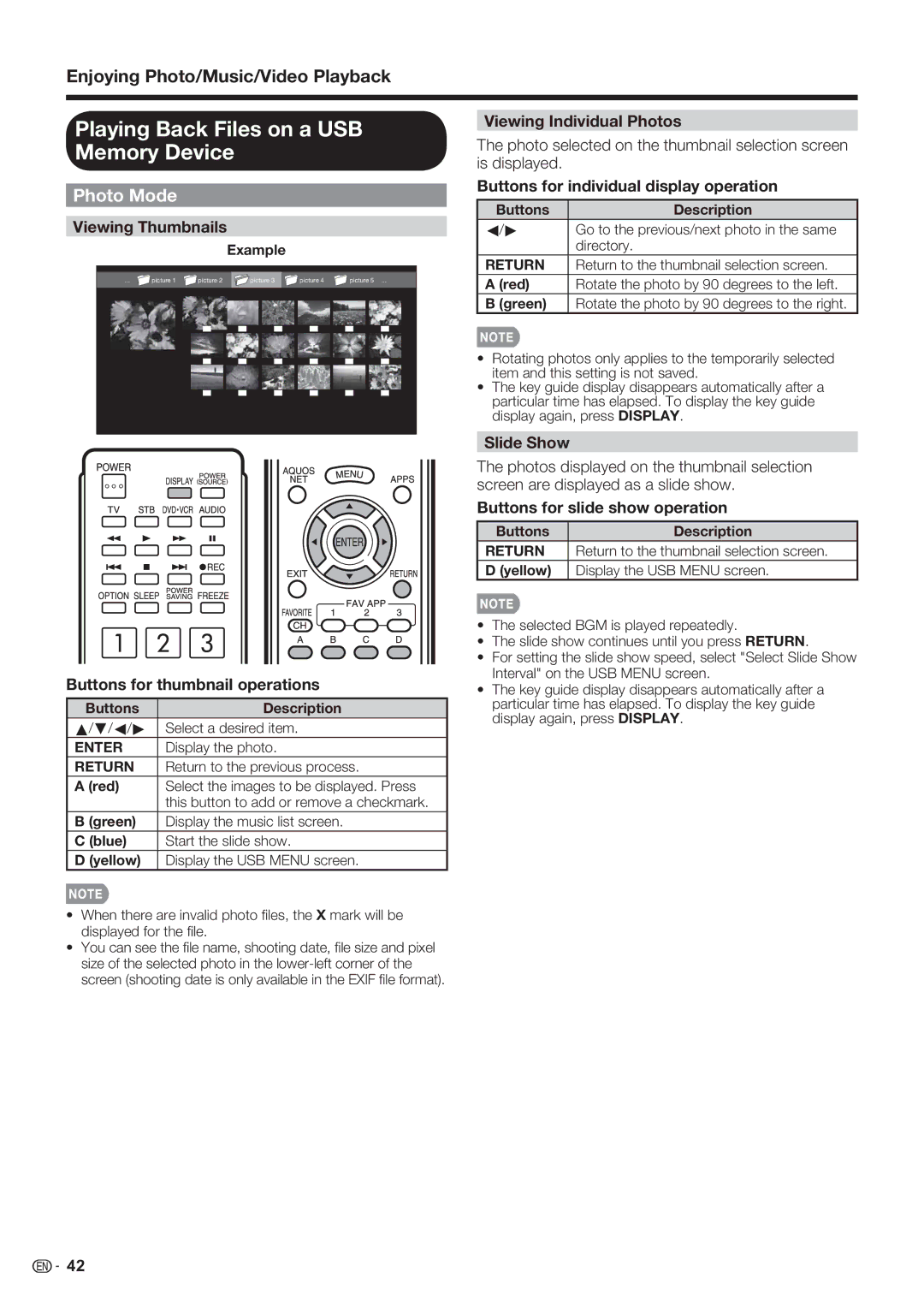 Sharp LC-60LE632U, LC-70LE632U, LC-70LE732U operation manual Playing Back Files on a USB Memory Device, Photo Mode 