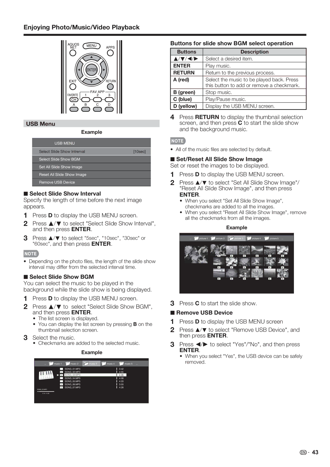 Sharp LC-70LE632U USB Menu, Select Slide Show Interval, Select Slide Show BGM, Buttons for slide show BGM select operation 