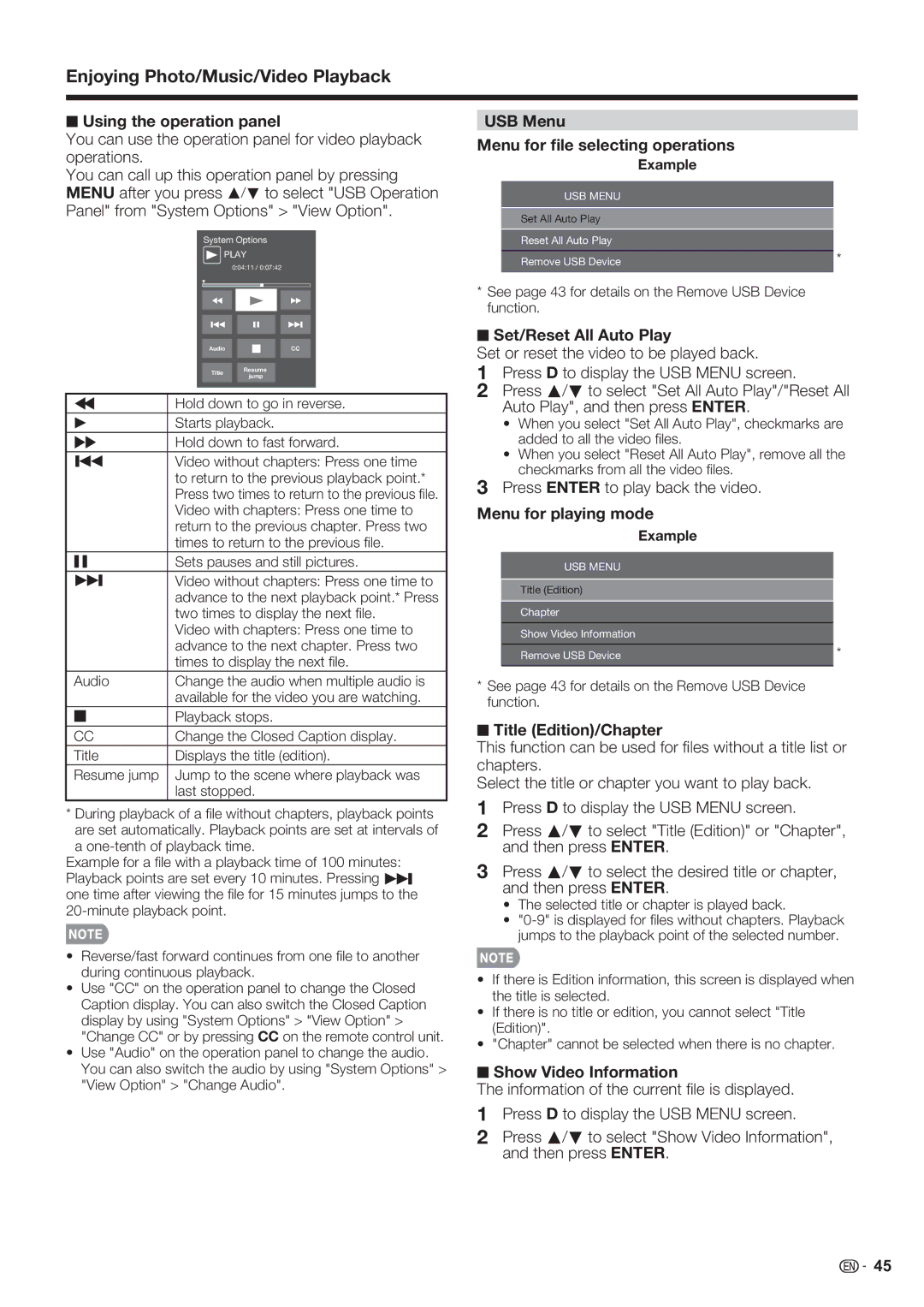 Sharp LC-60LE632U Using the operation panel, USB Menu Menu for ﬁle selecting operations, Menu for playing mode 