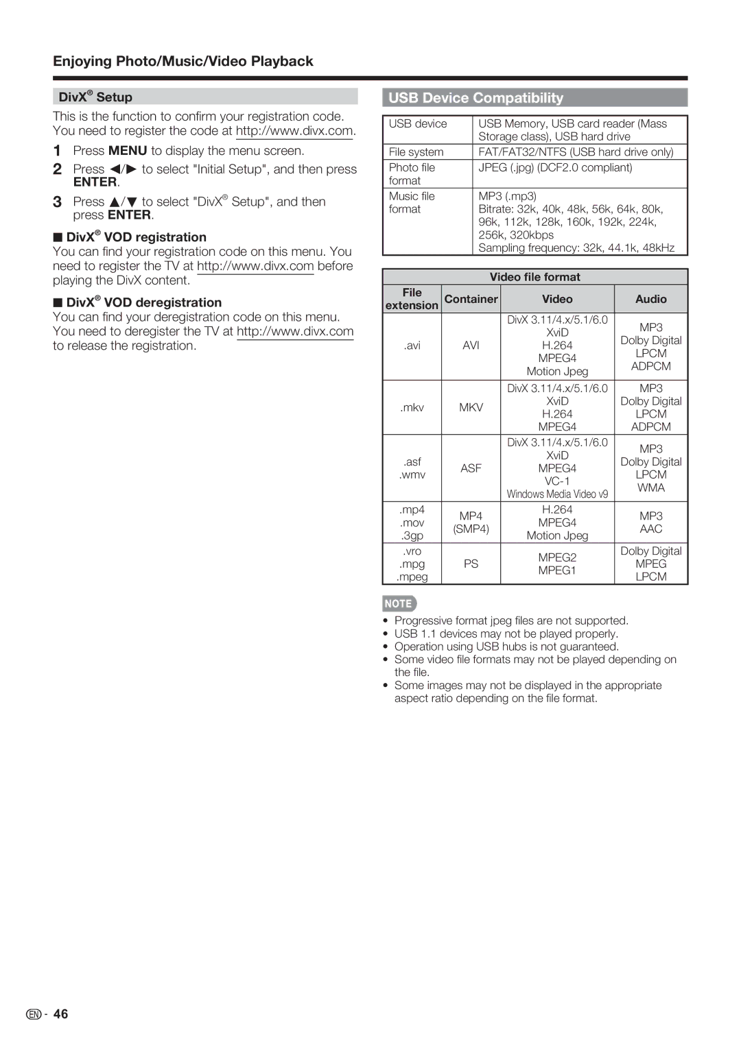 Sharp LC-70LE632U, LC-70LE732U USB Device Compatibility, Press a/b to select DivX Setup, and then press Enter 