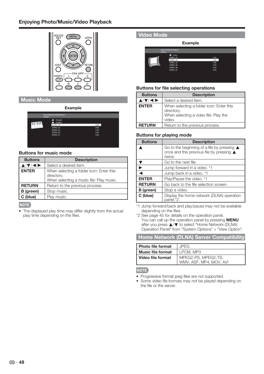 Sharp LC-60LE632U Home Network Dlna Server Compatibility, Photo ﬁle format, Music ﬁle format, Video ﬁle format 