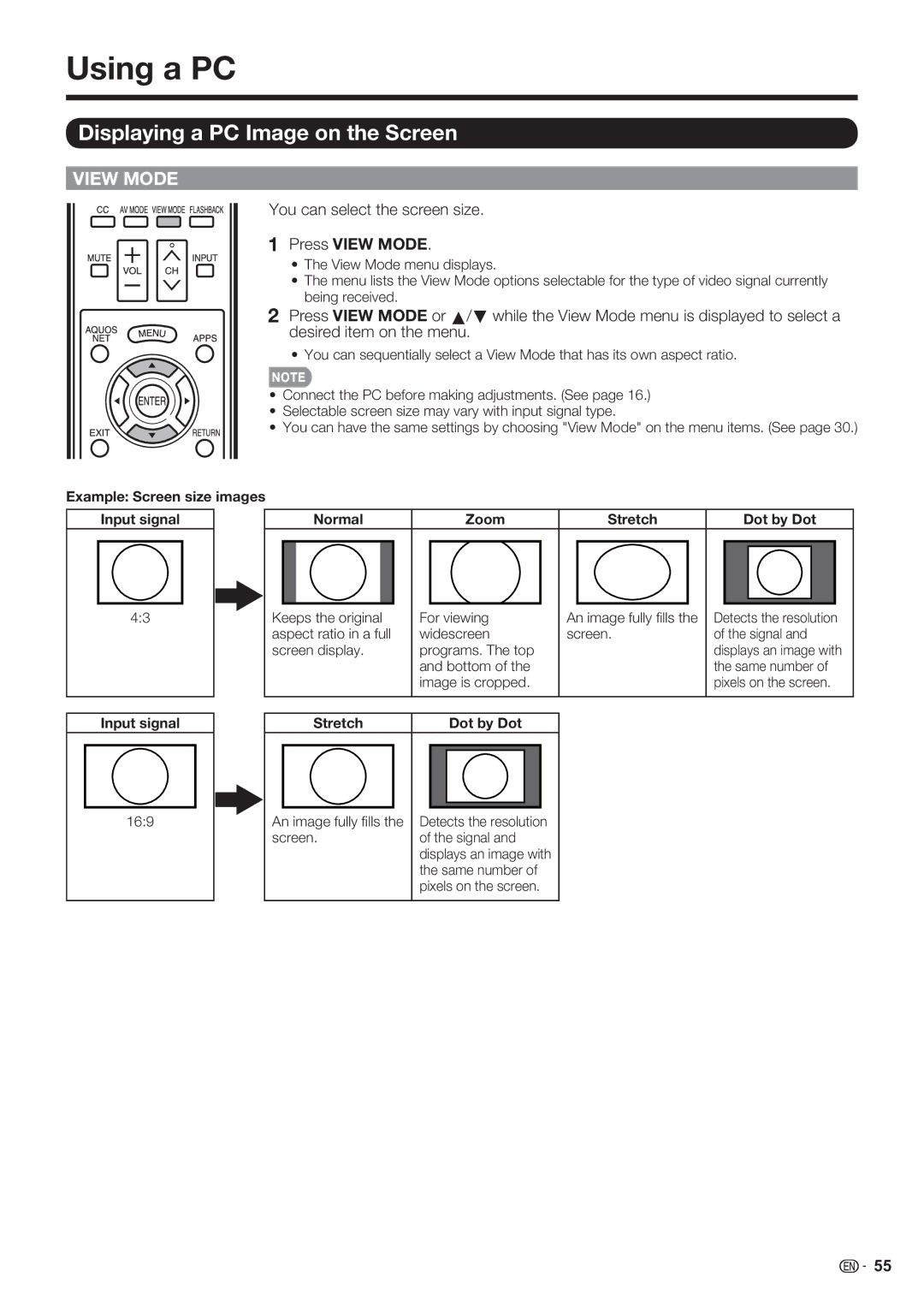 Sharp LC-70LE632U, LC-70LE732U, LC-60LE632U Using a PC, Displaying a PC Image on the Screen, Stretch Dot by Dot 