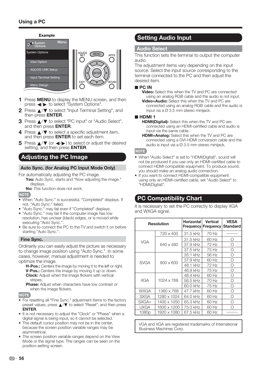 Sharp LC-70LE732U Adjusting the PC Image, Setting Audio Input, PC Compatibility Chart, Using a PC, Audio Select 