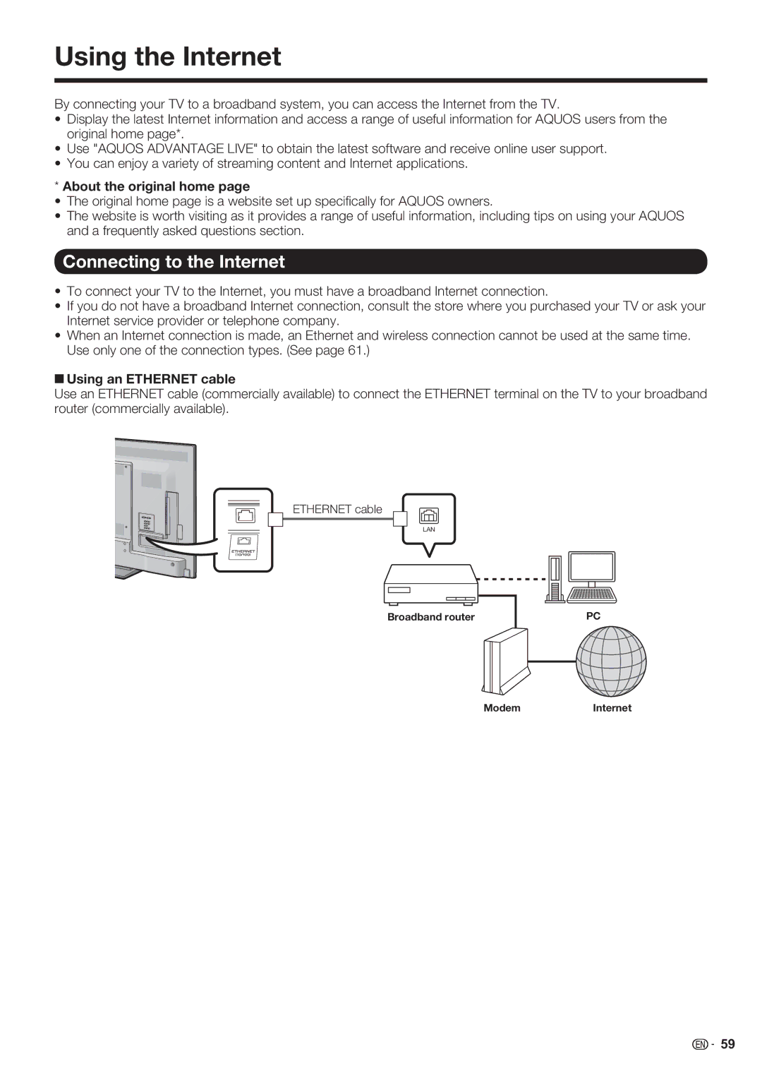 Sharp LC-70LE732U Using the Internet, Connecting to the Internet, About the original home, +Using an Ethernet cable 