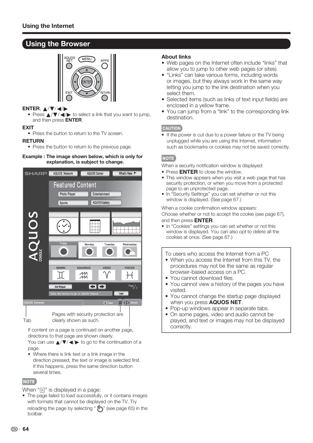 Sharp LC-70LE632U, LC-70LE732U, LC-60LE632U operation manual Using the Browser, When z is displayed in a, About links 