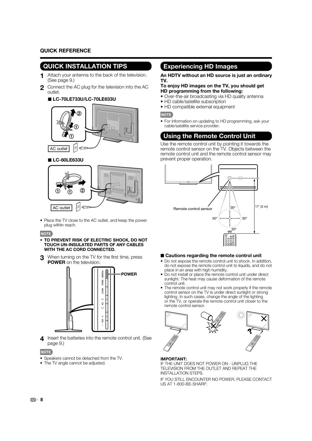 Sharp operation manual Experiencing HD Images, Using the Remote Control Unit, LC-70LE733U/LC-70LE633U, LC-60LE633U 